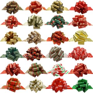 christmas gift wrap bows, pull bows with ribbon for gift wrapping, 24 pcs foil bows assorted patterns, vintage decoration for holiday present, baskets, bottle, book, bouquet(easy to assemble) (24)