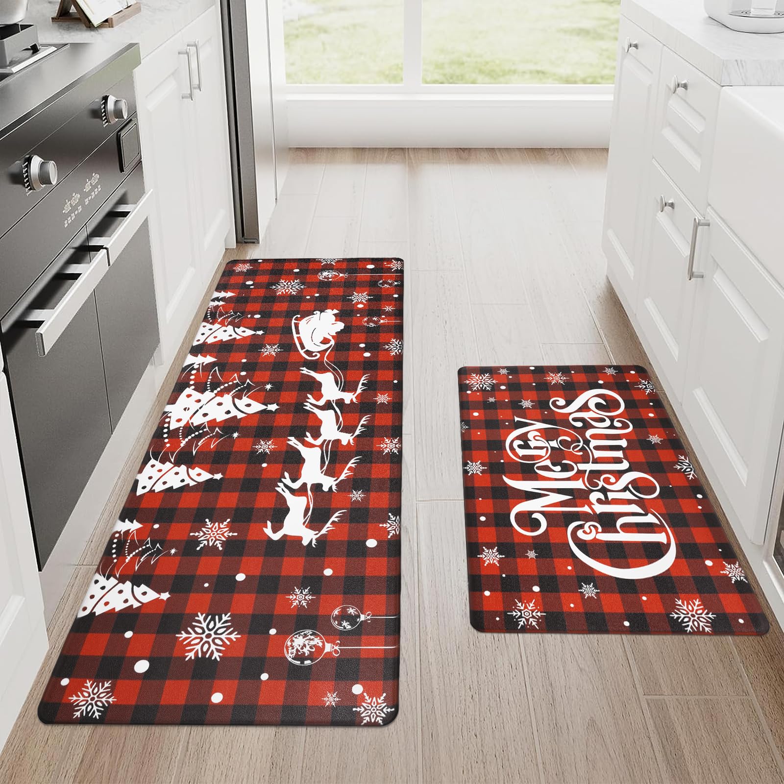 Bsmathom Christmas Anti Fatigue Kitchen Mat Set of 2, Waterproof Non-Slip Kitchen Mats and Rugs, Cushioned Buffalo Plaid Kitchen Rugs Comfort Floor Mat for Kitchen, Floor,Office, Sink, Laundry