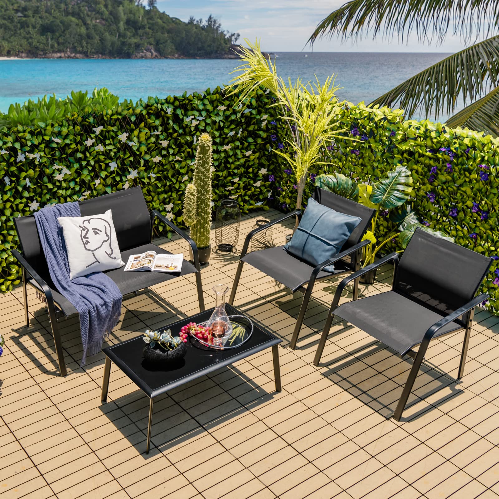 Tangkula 4 Pieces Patio Furniture Set, Outdoor Conversation Set with Tempered Glass Coffee Table, Outdoor Bistro Set with Fabric and Anti-Rust Steel Frame for Garden, Poolside and Backyard (Black)