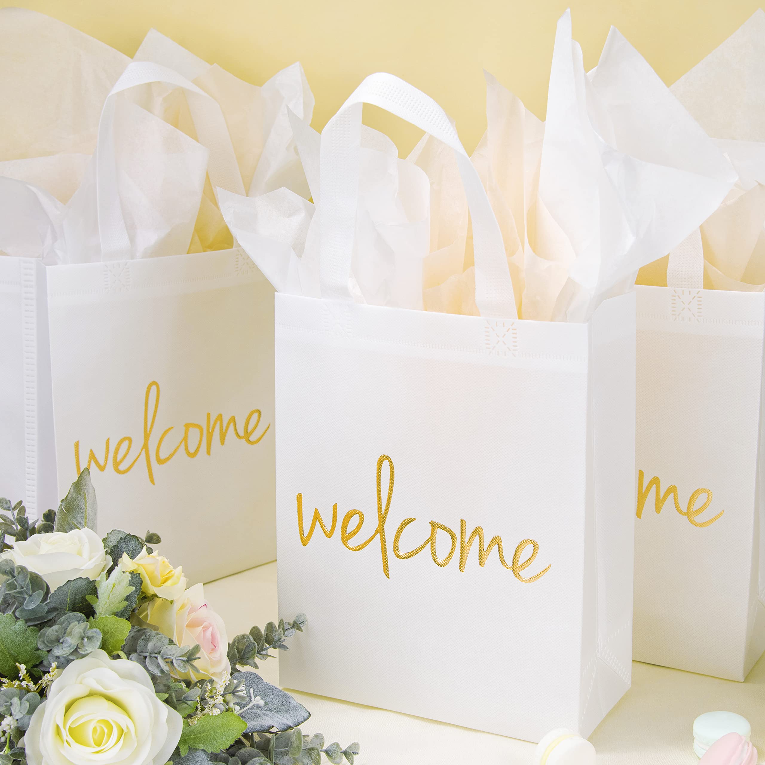 Crisky Reuseable White Gold Welcome Bags for Wedding Birthday Party, 25 Counts Medium Size Eco-Friendly Non-Woven Guest Gift Bags, 11x4x9 Inches