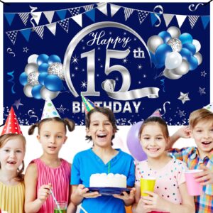 Kauayurk Blue Silver 15th Birthday Banner Decorations for Boys, Happy 15 Birthday Backdrop Party Supplies, Fifteen Birthday Poster Photo Props Background Sign Decor