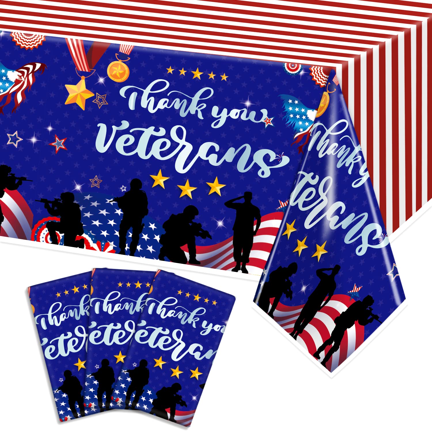 tineit 3 Pieces Veterans Day Decorations Tablecloth,Thank You Veterans Tablecover American Flag Patriotic Soldier Veterans Day Table Decorations, Happy Veterans Day TableCover 54 x 108 Inch