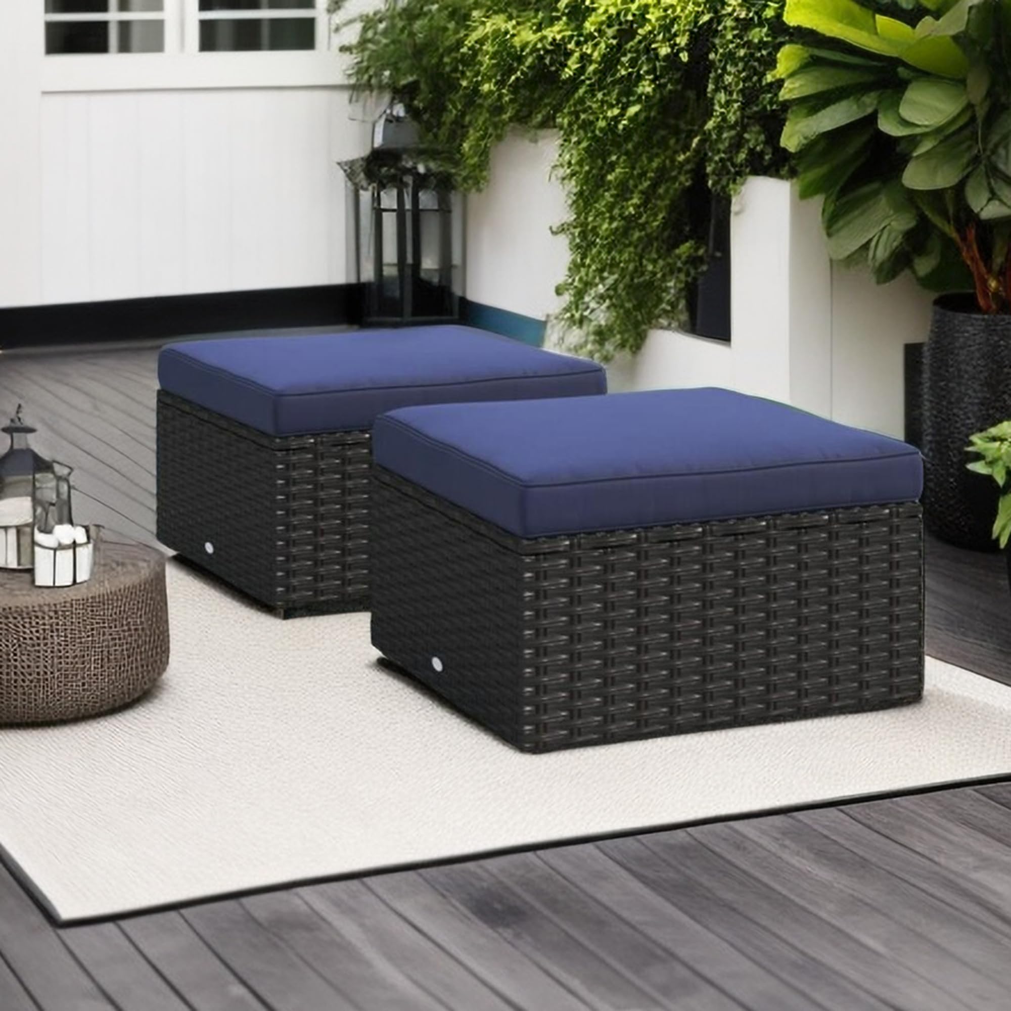 PHI VILLA 2 Pieces Wide Outdoor Rattan Sectional Sofa with Cushions - Small Patio Wicker Furniture Set (2 - Person Seating Group, Navy Blue)