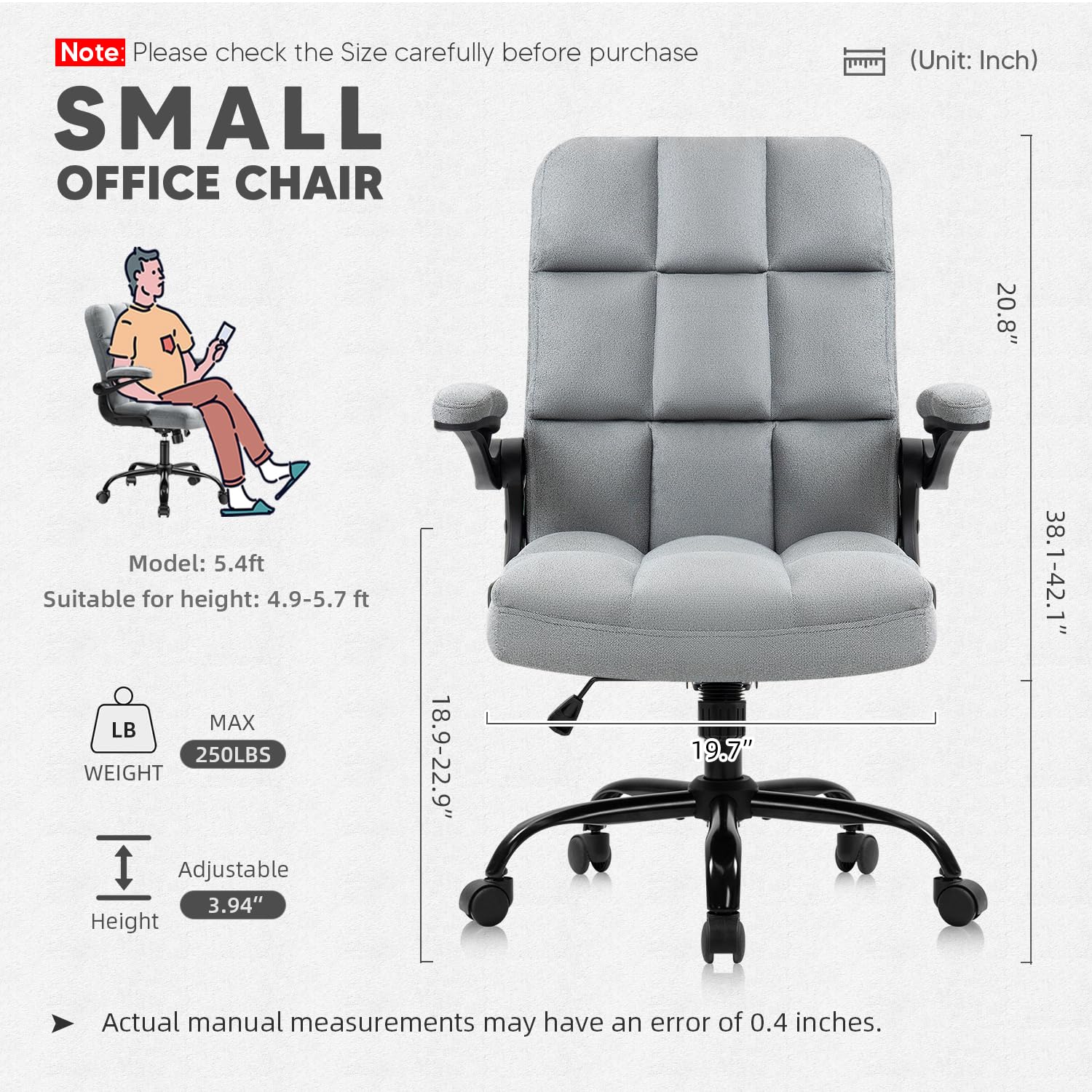 YAMASORO Office Chair Home Desk Chairs with Wheels Executive Fabric Swivel Chair with Adjustable Height and Flip-up Arms for Adult and Teens,Portable Gray