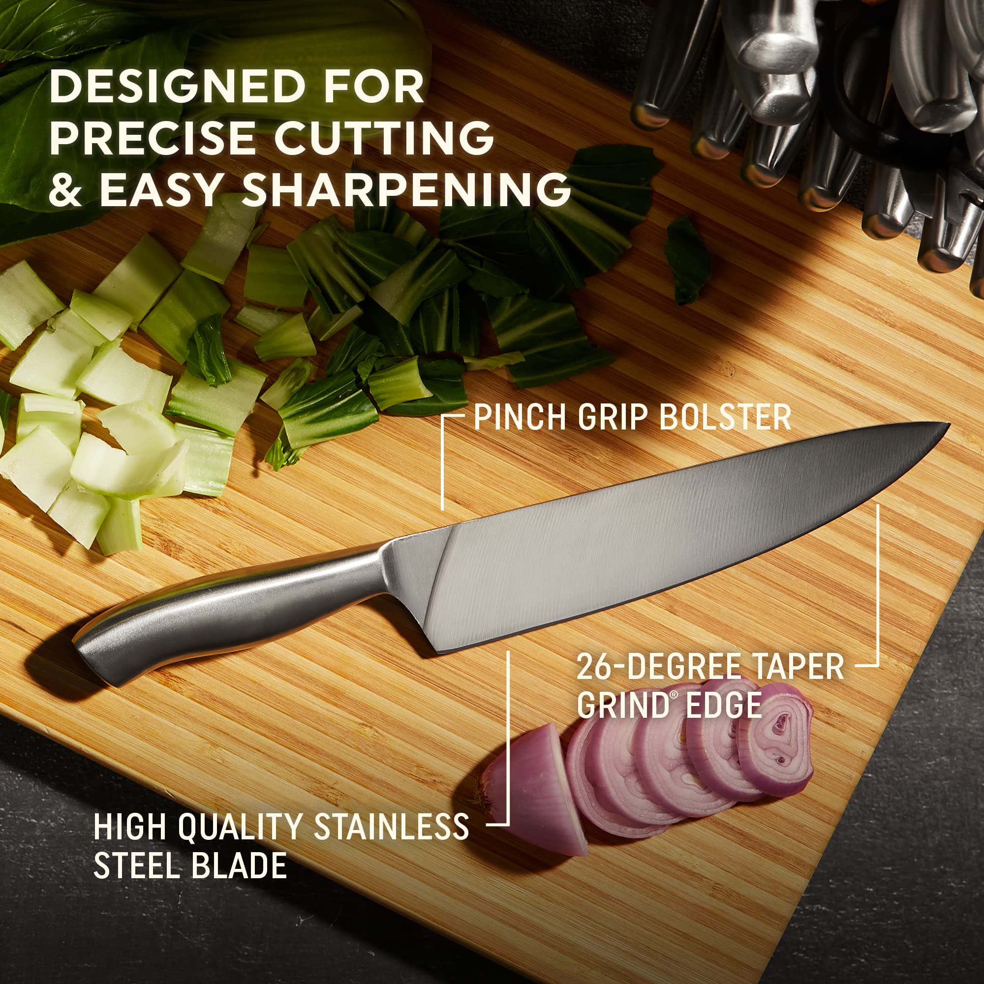 Chicago Cutlery Insignia Steel (18-PC) Kitchen Knife Block Set & Built-In Sharpener, Contoured Ergonomic Handles and Sharp Stainless Steel Professional Chef Knife Set & Scissors With Bottle Opener