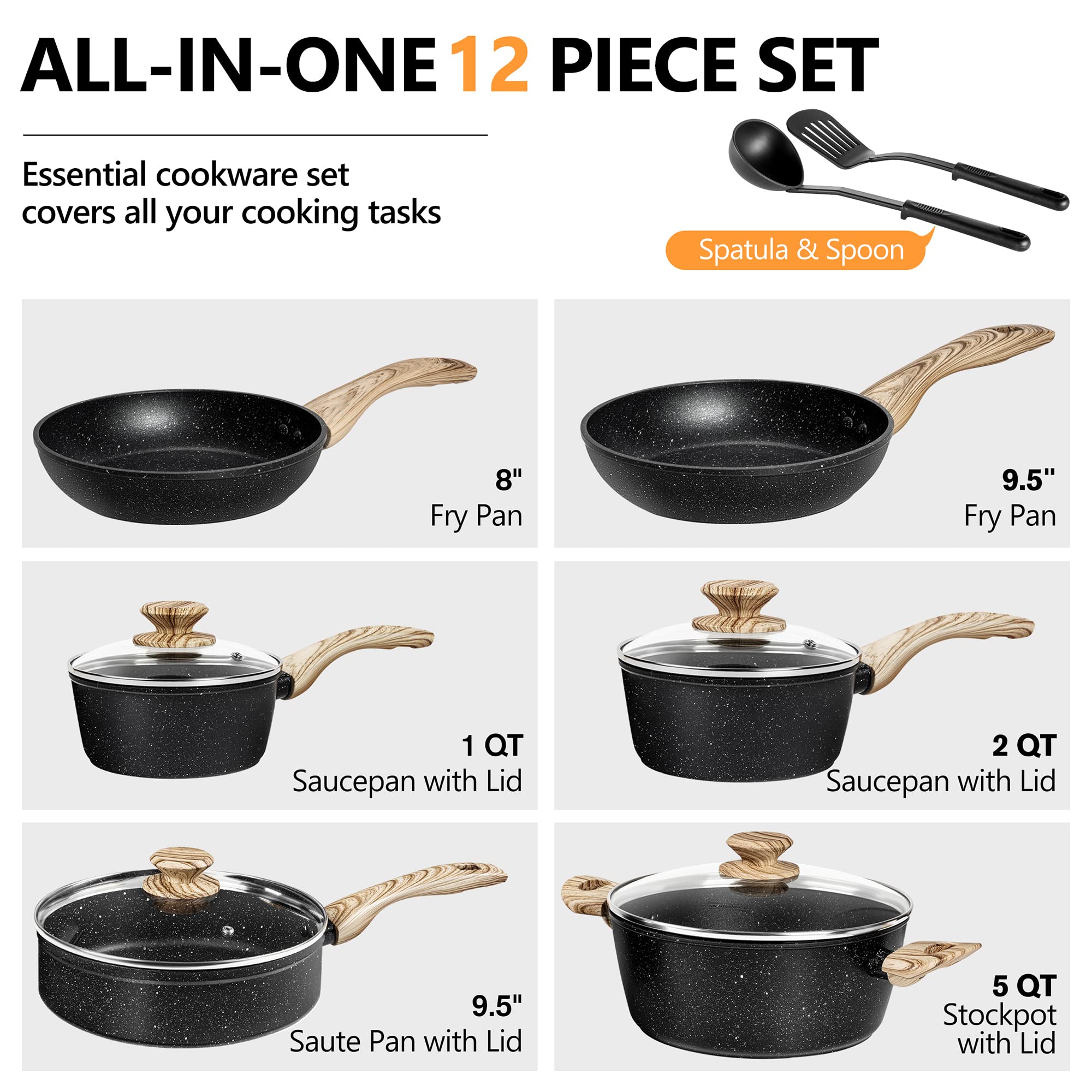 MICHELANGELO Pots and Pans Set Nonstick, Kitchen Cookware Sets with Black Granite Coating, Non Toxic Cookware Set Induction Compatible, 12 Pcs