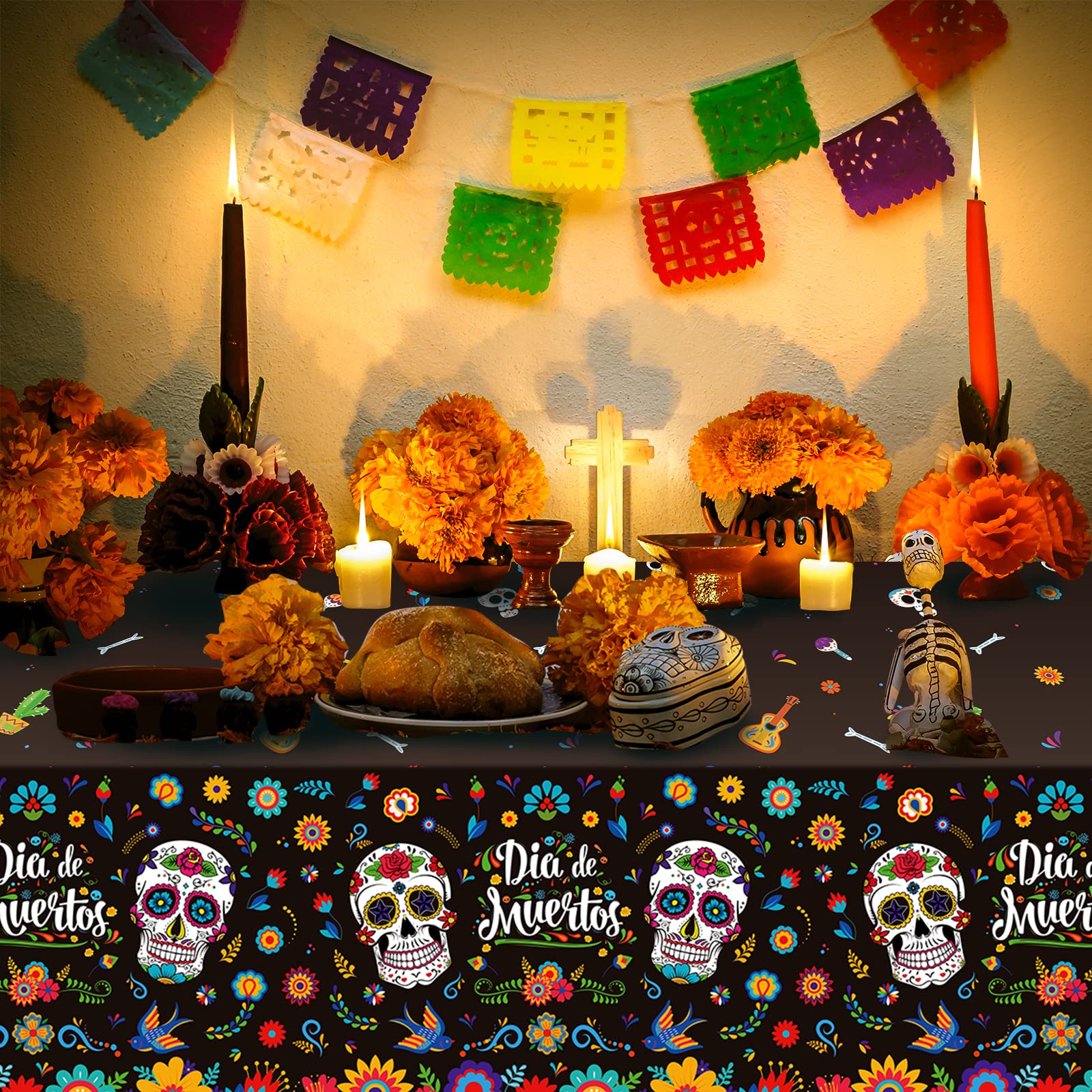 3 Pack Day of The Dead Party Tablecloth Decorations, Dia De Los Muertos Decor, Plastic Mexican Sugar Skull Floral Table Cover Backdrop for Halloween Mexican Fiesta Birthday Party Supplies, 54x108 Inch