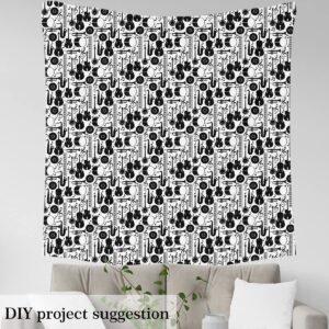 Music Fabric by The Yard, Guitar Upholstery Fabric, Musical Note Decorative Fabric, Rock Instrument Indoor Outdoor Fabric, Key Cello Record Drum Tuba DIY Art Waterproof Fabric, Black White, 1 Yard