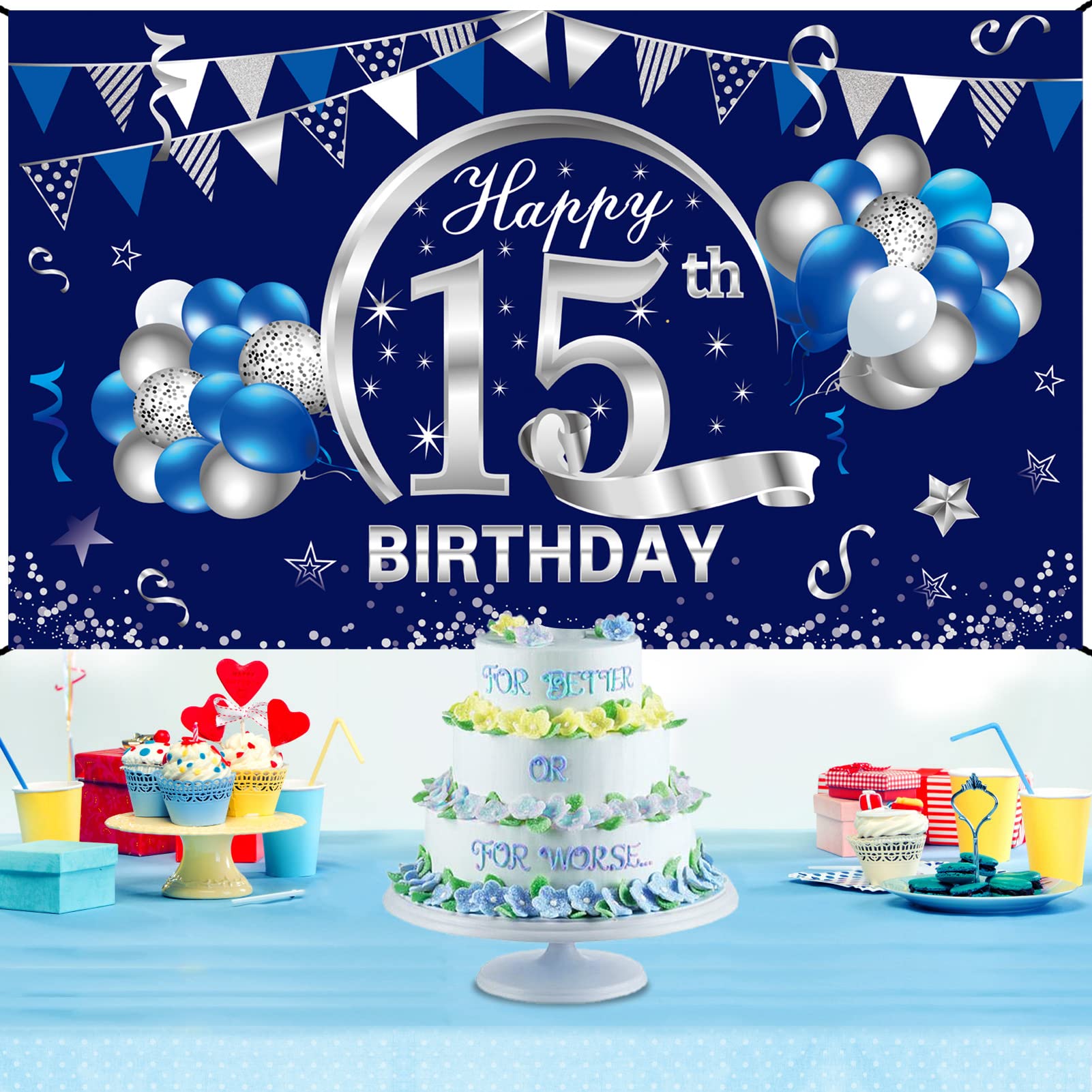 Kauayurk Blue Silver 15th Birthday Banner Decorations for Boys, Happy 15 Birthday Backdrop Party Supplies, Fifteen Birthday Poster Photo Props Background Sign Decor