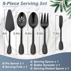 Matte Black Serving Utensils Set of 5, E-far Stainless Steel Serving Spoons, Slotted Serving Spoon, Serving Fork, Butter Spreader, Pie Server for Parties, Wide Handle & Thick Gauge, Dishwasher Safe