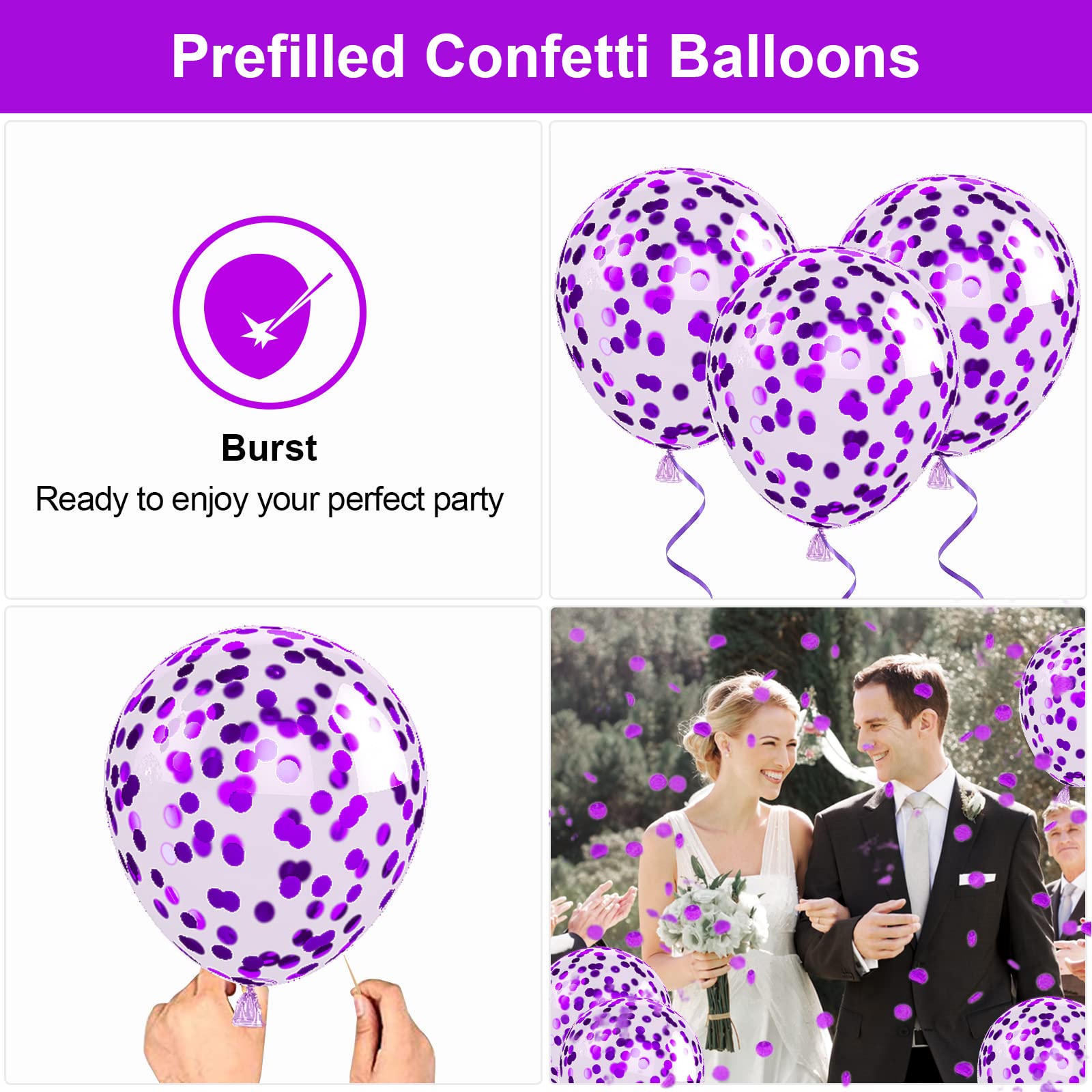 Purple Balloons Set, 60PCS Purple White Birthday Balloons, Metallic Purple Confetti Balloons Pearl Purple Latex Balloons Helium Wedding Party Balloons for Birthday Bridal Shower Baby Shower Supplies