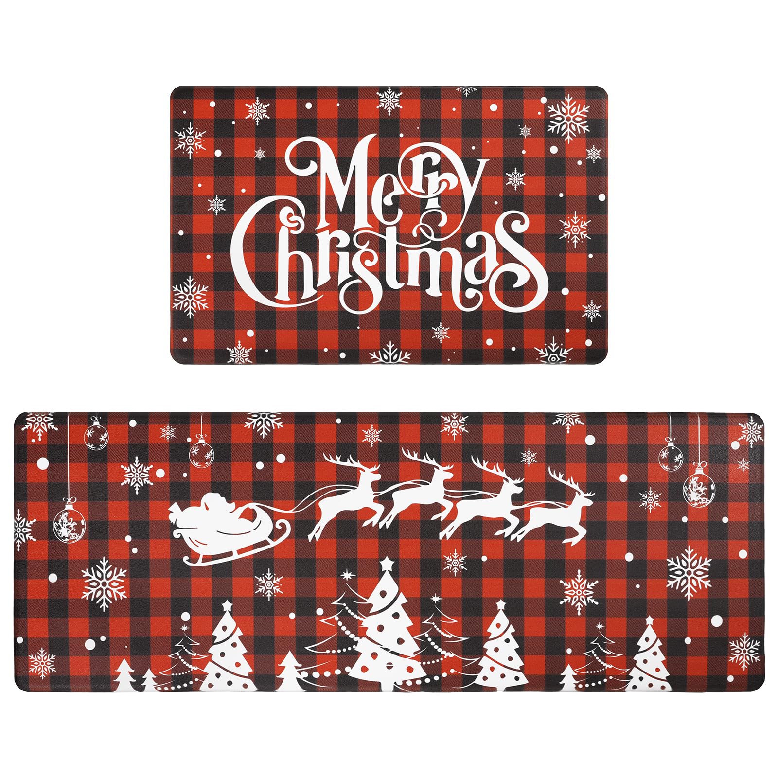 Bsmathom Christmas Anti Fatigue Kitchen Mat Set of 2, Waterproof Non-Slip Kitchen Mats and Rugs, Cushioned Buffalo Plaid Kitchen Rugs Comfort Floor Mat for Kitchen, Floor,Office, Sink, Laundry