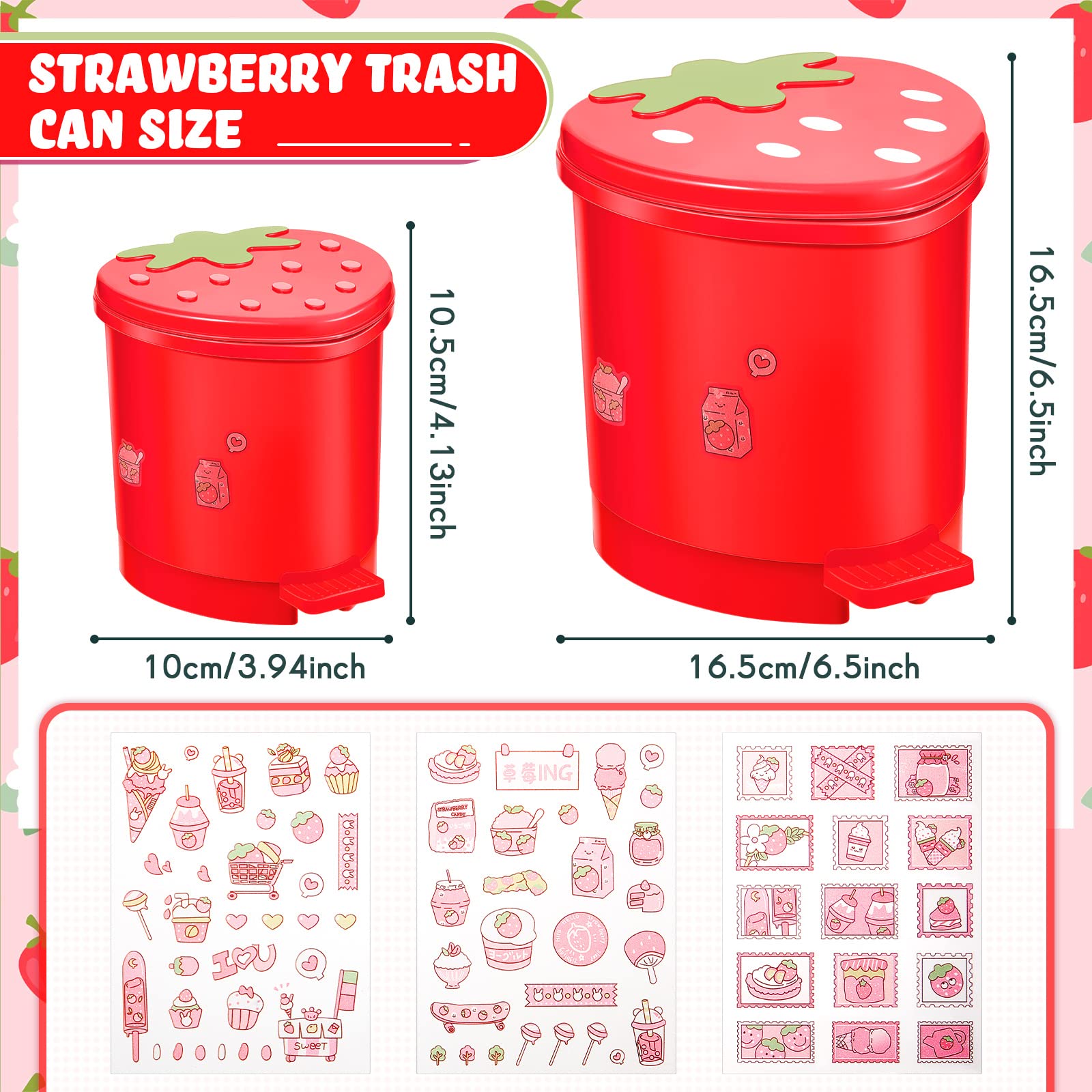 Tessco 2 Pieces Strawberry Desk Trash Can Cute Mini Countertop Trash Can with Lid Kawaii Small Garbage Can Plastic Waste Bin with Sticker for Car Office Home Bedroom Bathroom Kitchen Decor(Red)