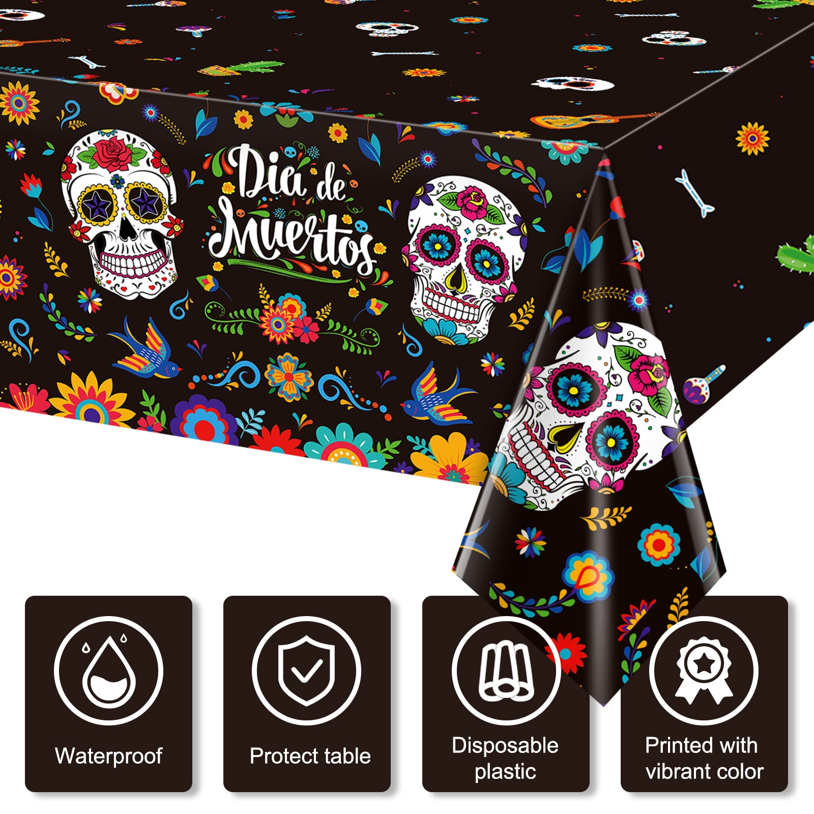 3 Pack Day of The Dead Party Tablecloth Decorations, Dia De Los Muertos Decor, Plastic Mexican Sugar Skull Floral Table Cover Backdrop for Halloween Mexican Fiesta Birthday Party Supplies, 54x108 Inch