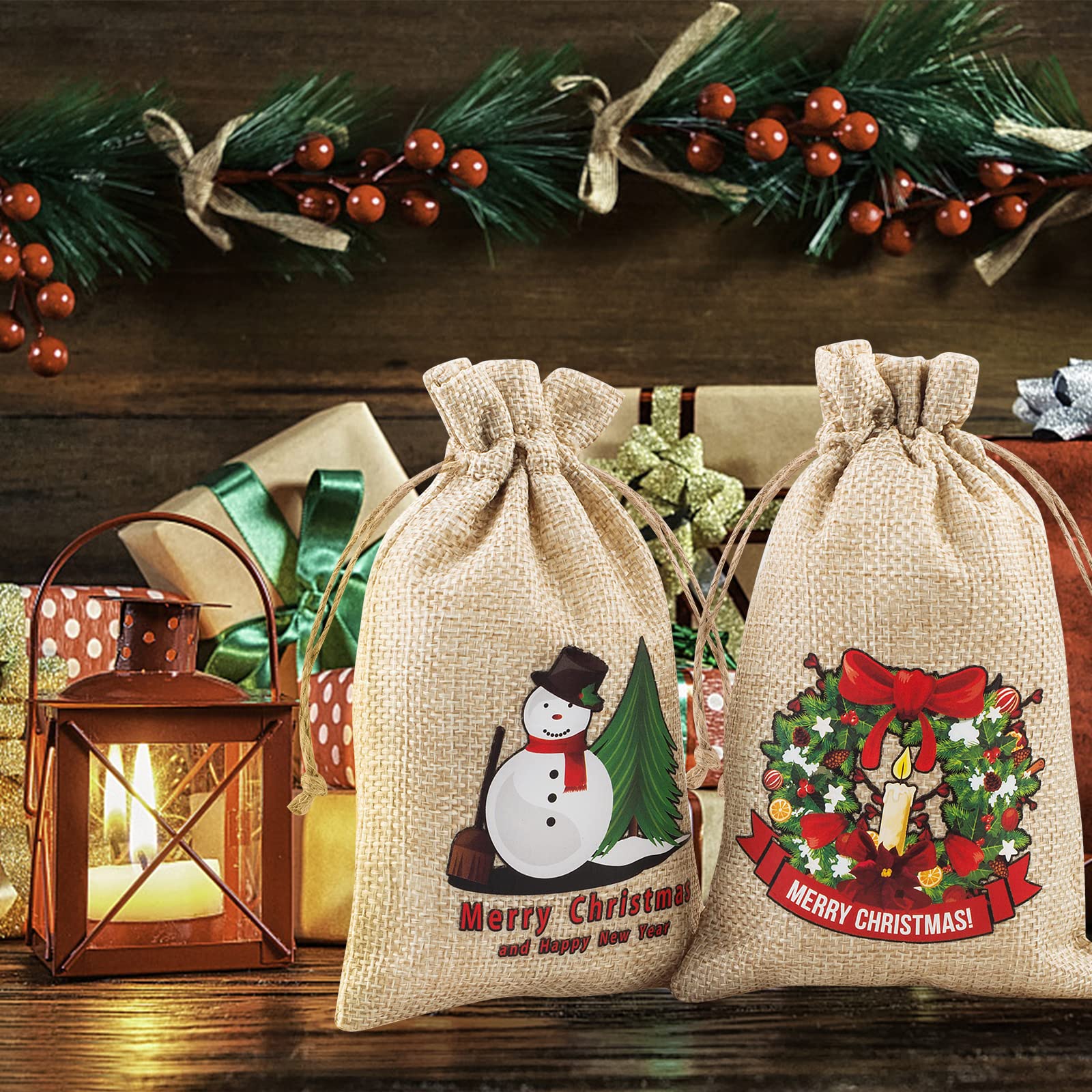 FloraSea 24 Pieces Christmas Burlap Gift Bags, Small Christmas Gift Bags, Christmas Burlap Treat Bags with Drawstrings(4x6 inches, 8 Designs Styles)