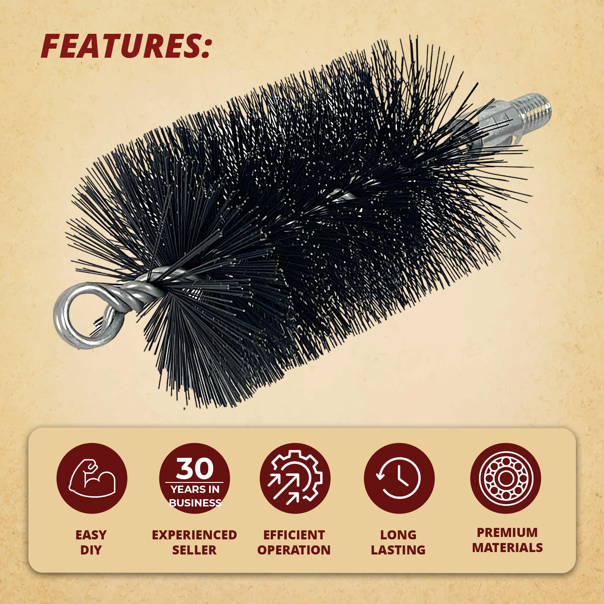 Heavy Duty Pellet Wood Stove Vent Brush and Rod for Chimneys, Stoves, Fireplaces, Dryers, Piping (3" Brush + 3' Rod)