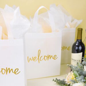 Crisky Reuseable White Gold Welcome Bags for Wedding Birthday Party, 25 Counts Medium Size Eco-Friendly Non-Woven Guest Gift Bags, 11x4x9 Inches