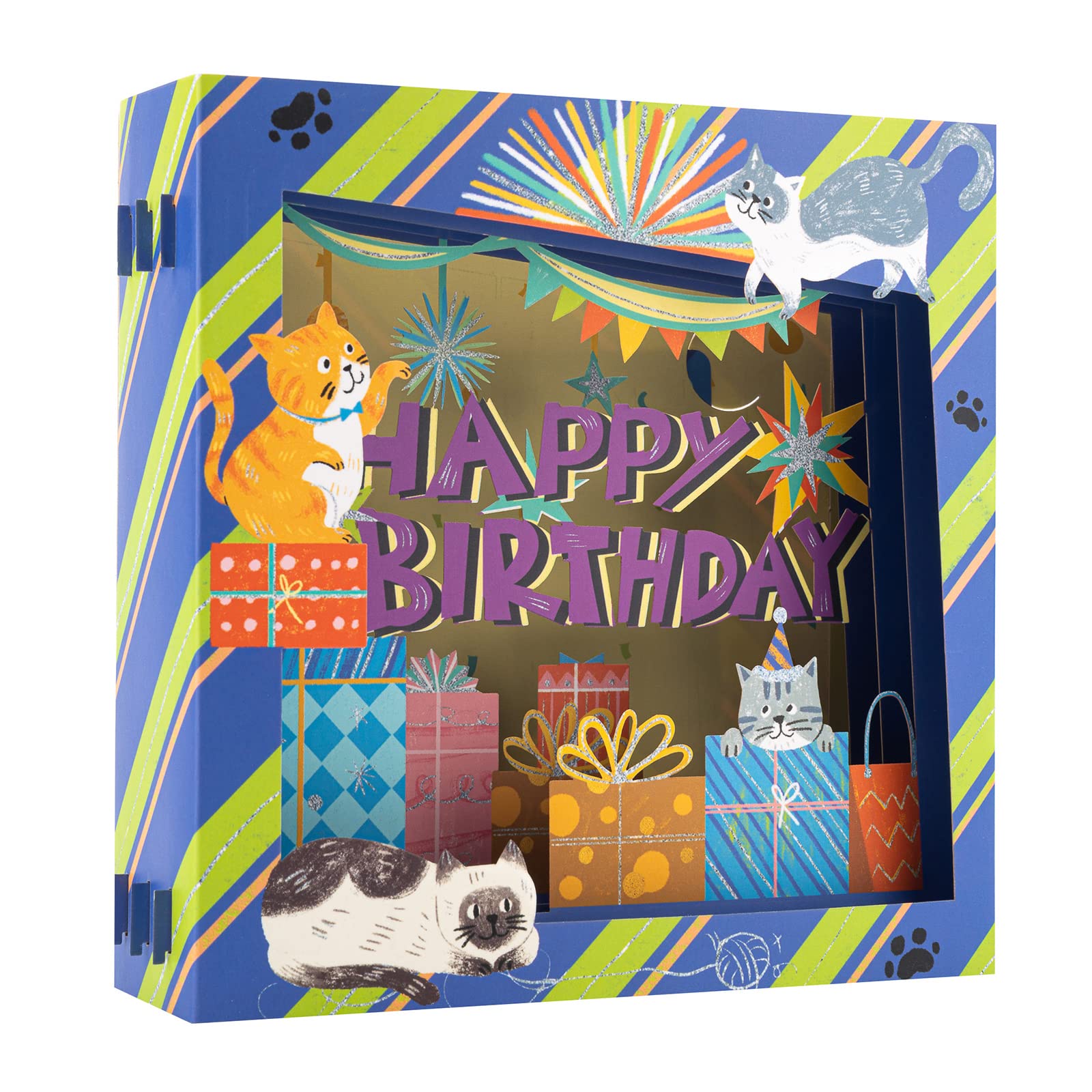 HOMANGA Happy Birthday Cat Greeting Card, 3D Cat Birthday Card, Cat Box Pop Up Bday Card, Displayable Birthday Gift for Cat Person, Mom, Daughter, Sister, Friend with Blank Note and Envelope, 6" x 6"