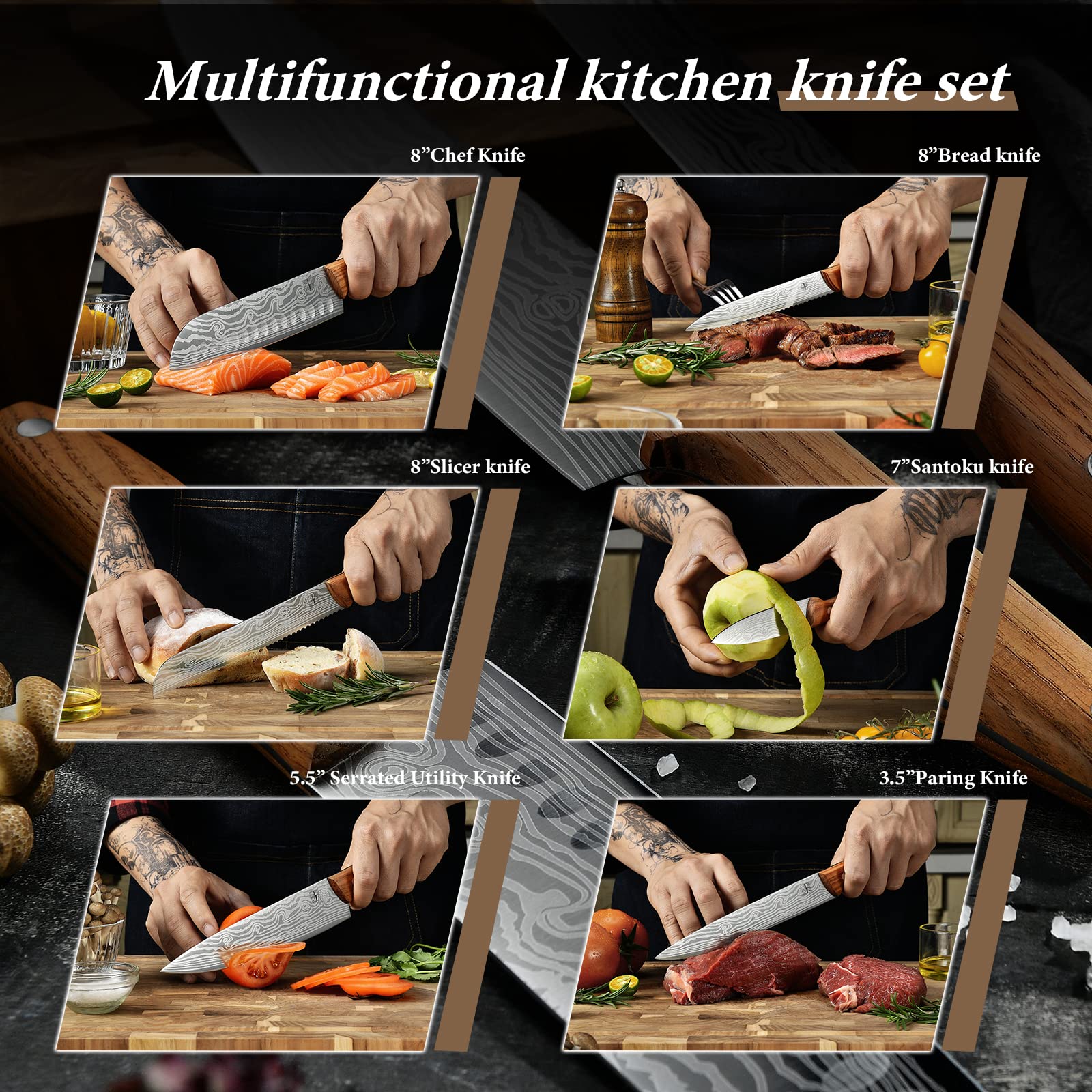 Knife Set, 7 Pieces Knife Block Set, EUNA Kitchen Knife Set with Wooden Handle, Japanese Stainless Steel Chef Knife Set Professional Cooking Knives, Silver