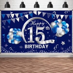 kauayurk blue silver 15th birthday banner decorations for boys, happy 15 birthday backdrop party supplies, fifteen birthday poster photo props background sign decor