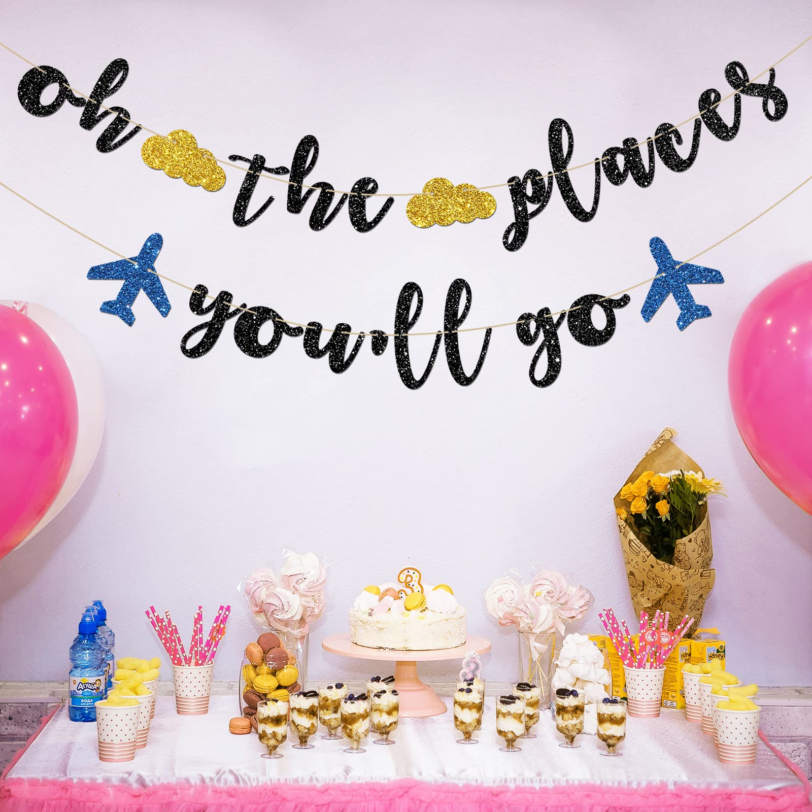 INNORU Oh The Places You'll Go Banner - Travel Theme Farewell Party Bunting Decor - Bon Voyage - Birthday Anniversary Graduation Baby Shower Party Decorations, Black Glitter