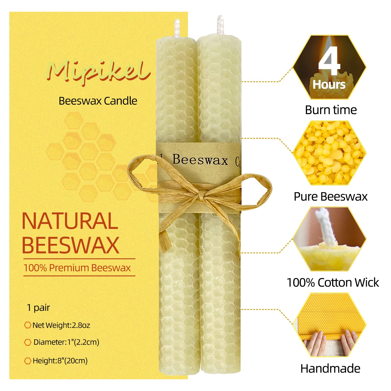 100% Pure Beeswax White Taper Candles 8 Inch 16 Pack, Smokeless Dripless Wax Candles, Handmade Beeswax Candle for Home Gift Ideas, Chrismas Candles, Halloween Candles for Decoration (White-8 Pair)