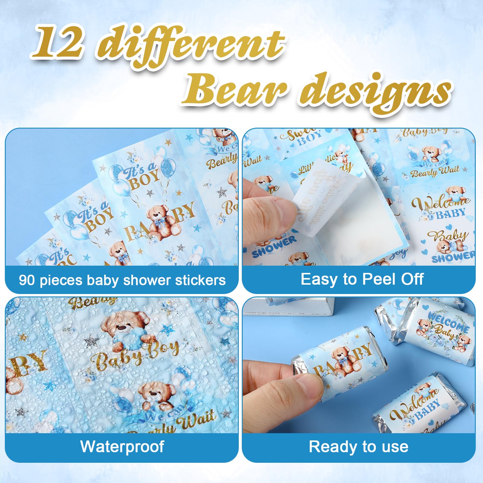 Baby Shower Candy Wrappers, Shower Mini Candy Bar Miniatures Wrappers Chocolate Bar Label Stickers for Boys Girls Kids Baby Shower Decor (No Candy)(Blue Bear, 90 Pieces)