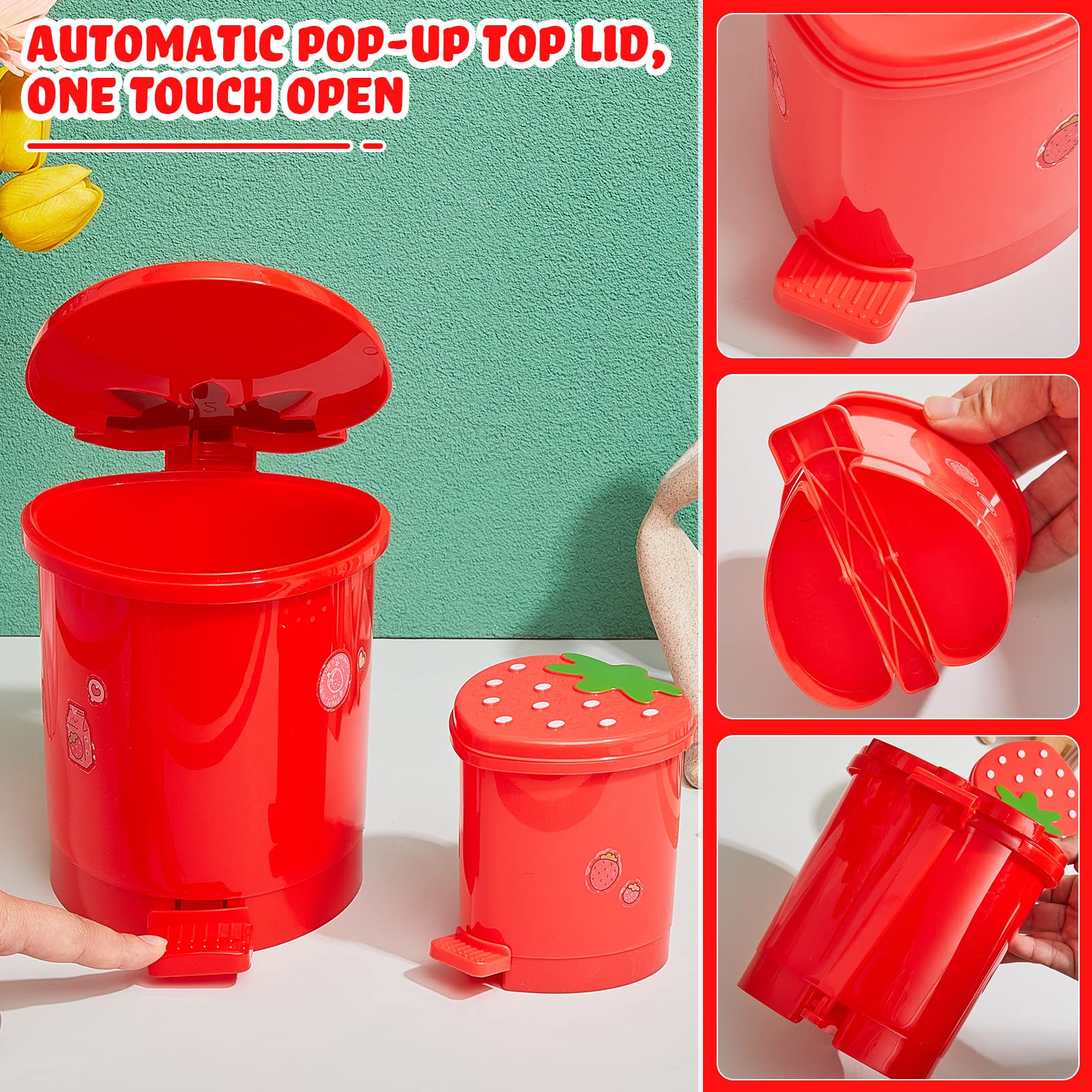 Tessco 2 Pieces Strawberry Desk Trash Can Cute Mini Countertop Trash Can with Lid Kawaii Small Garbage Can Plastic Waste Bin with Sticker for Car Office Home Bedroom Bathroom Kitchen Decor(Red)