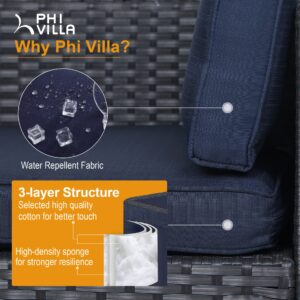 PHI VILLA 2 Pieces Wide Outdoor Rattan Sectional Sofa with Cushions - Small Patio Wicker Furniture Set (2 - Person Seating Group, Navy Blue)