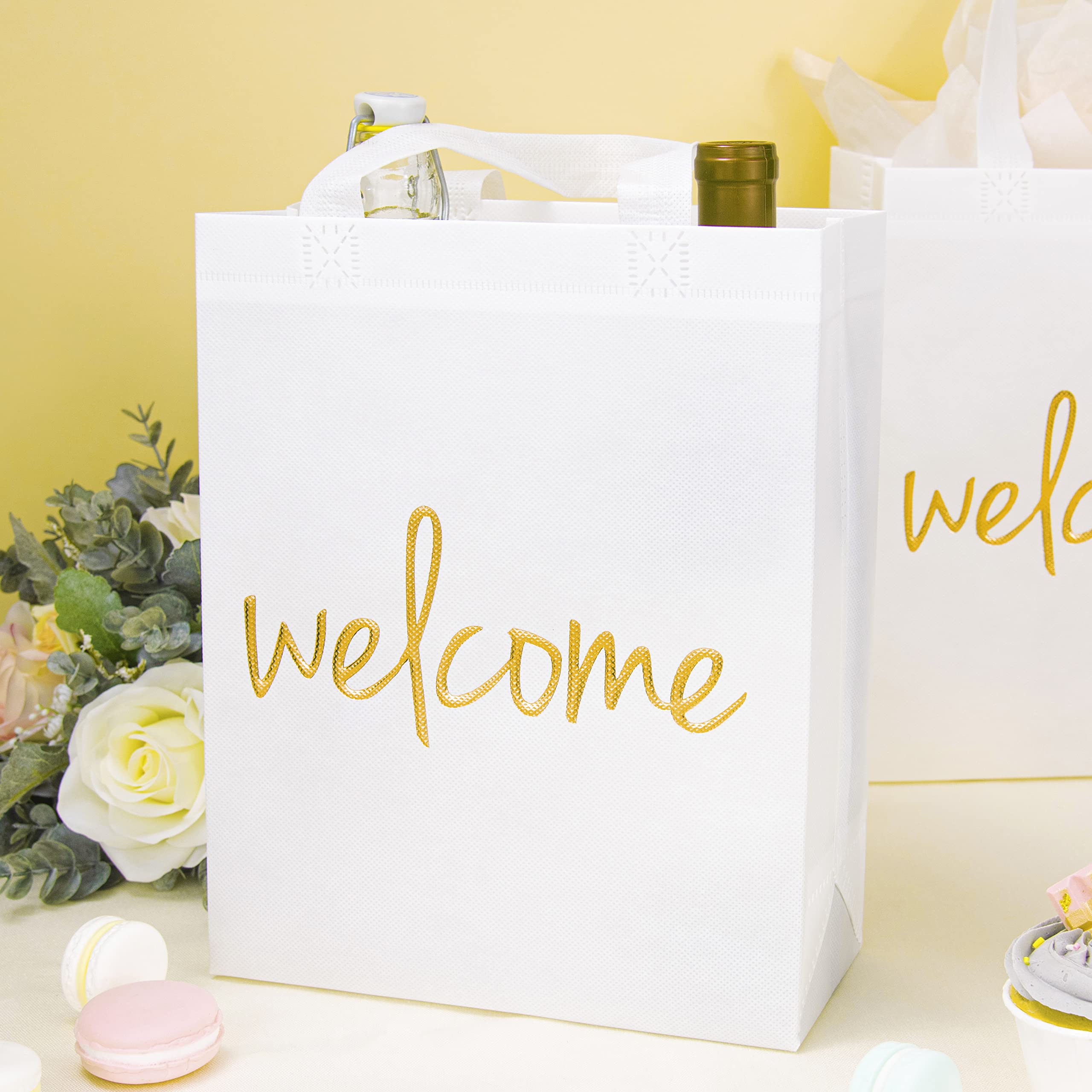 Crisky Reuseable White Gold Welcome Bags for Wedding Birthday Party, 25 Counts Medium Size Eco-Friendly Non-Woven Guest Gift Bags, 11x4x9 Inches