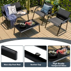 Tangkula 4 Pieces Patio Furniture Set, Outdoor Conversation Set with Tempered Glass Coffee Table, Outdoor Bistro Set with Fabric and Anti-Rust Steel Frame for Garden, Poolside and Backyard (Black)