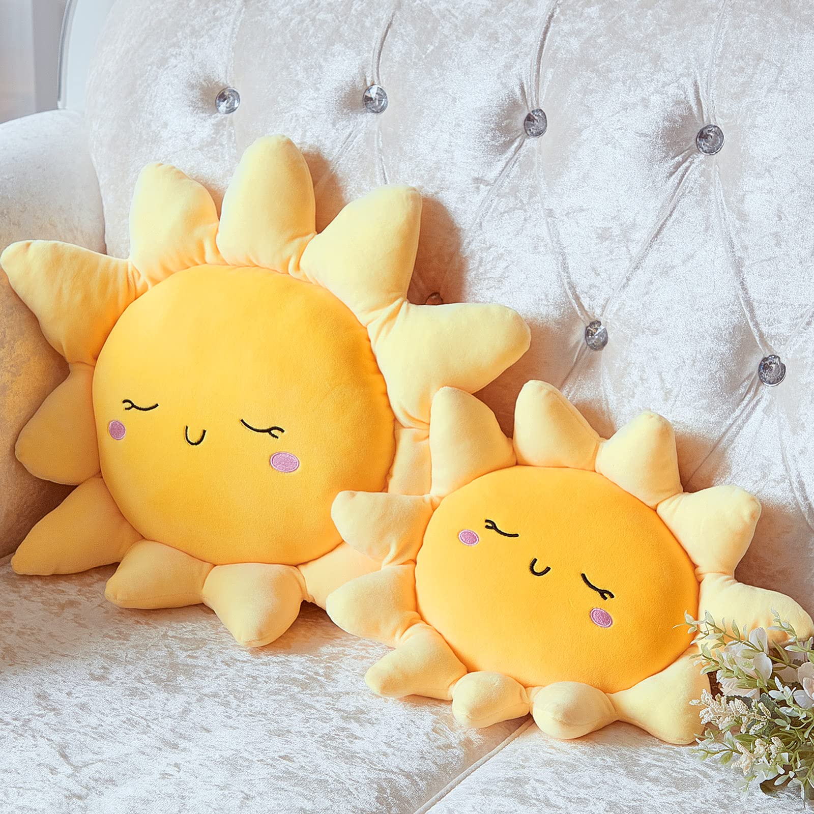 2 Pcs Sun Pillow Plush Sofa Cushion Pillow Cute Stuffed Sun Cushion Sun Shaped Floor Pillow Car Throw Pillow Plush Soft Toy for Kids Women Girls Bedside Home Decoration 13.7 Inch, 23.6 Inch