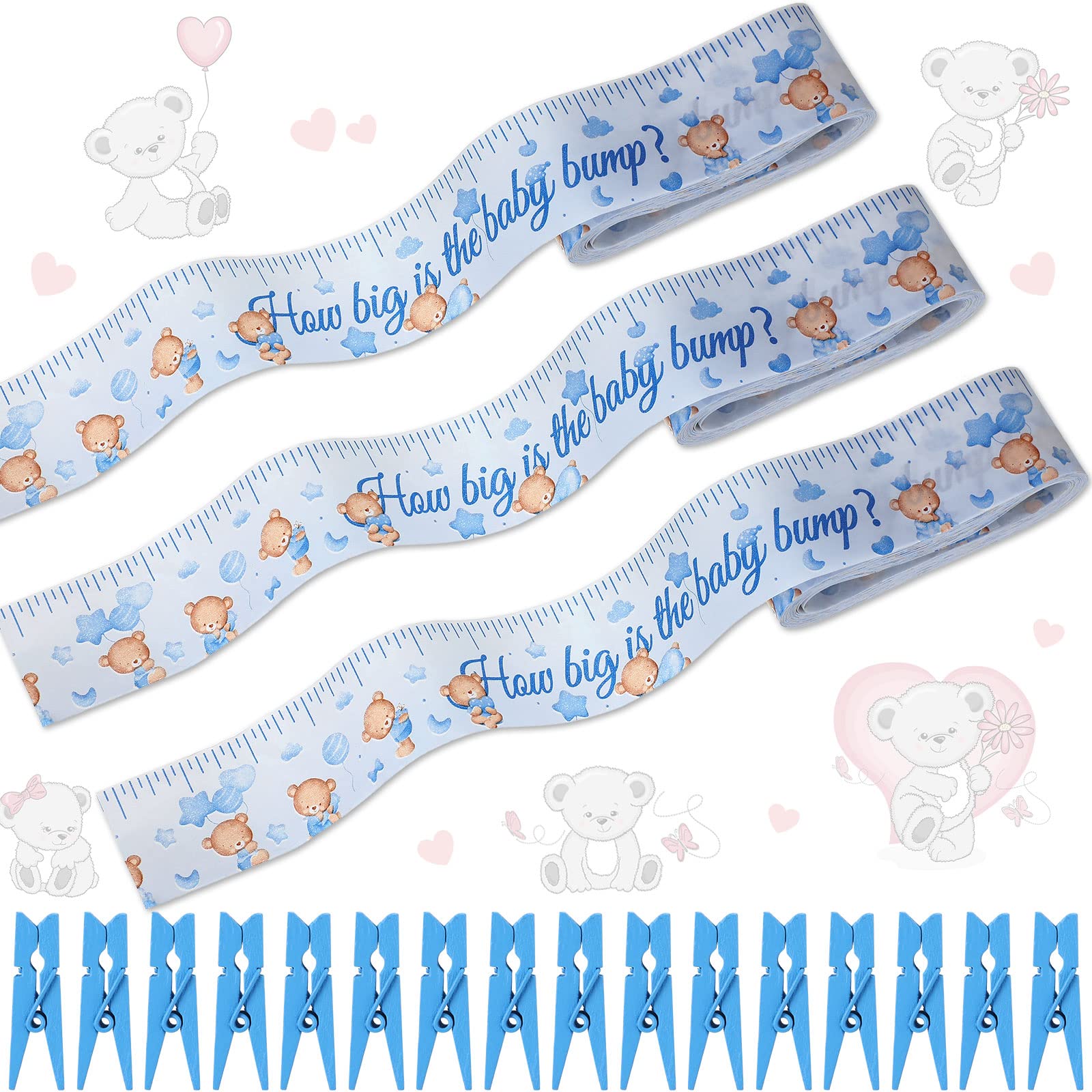 3 Rolls Baby Shower Measure Belly Game Baby Shower Games How Big Is Baby Bump Belly Measuring Tape for Gender Reveal Games Party Supplies, 2 Inch x 115 Ft (Blue Bear Style)