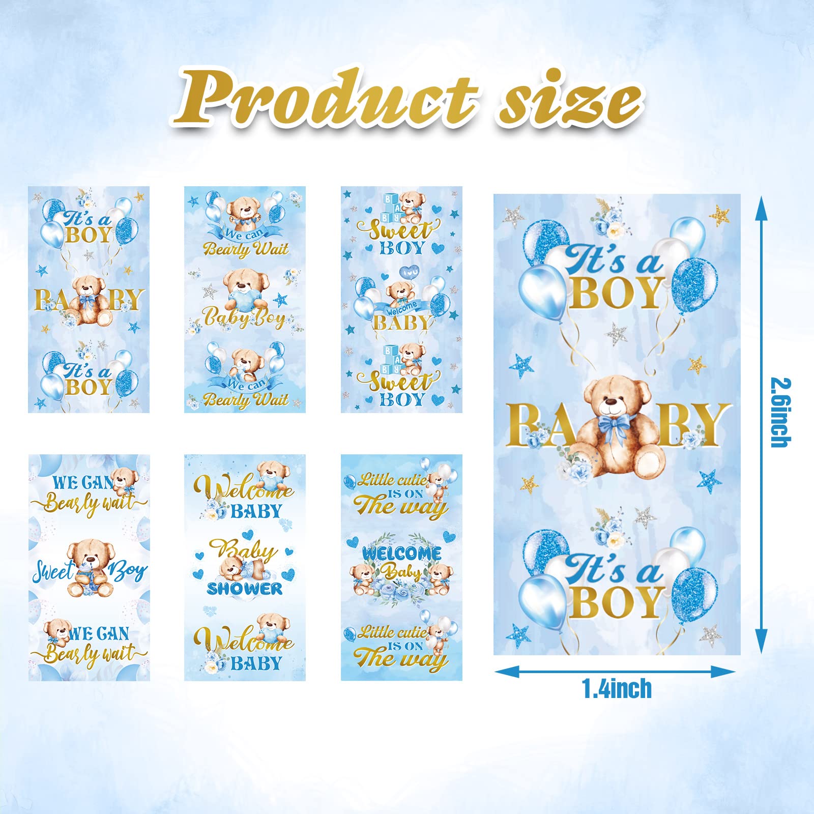 Baby Shower Candy Wrappers, Shower Mini Candy Bar Miniatures Wrappers Chocolate Bar Label Stickers for Boys Girls Kids Baby Shower Decor (No Candy)(Blue Bear, 90 Pieces)