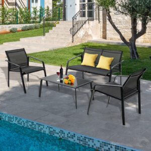 Tangkula 4 Pieces Patio Furniture Set, Outdoor Conversation Set with Tempered Glass Coffee Table, Outdoor Bistro Set with Fabric and Anti-Rust Steel Frame for Garden, Poolside and Backyard (Black)