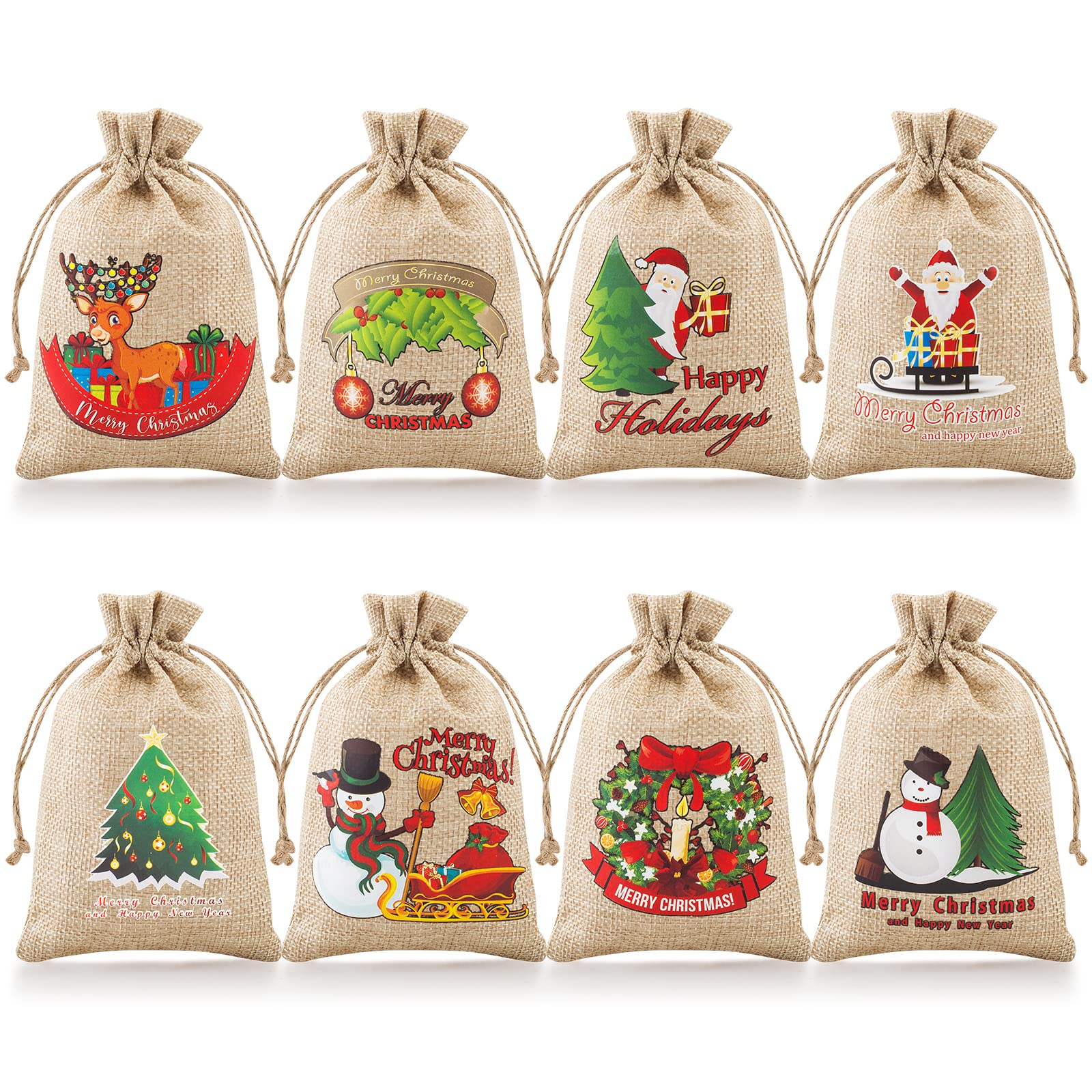 FloraSea 24 Pieces Christmas Burlap Gift Bags, Small Christmas Gift Bags, Christmas Burlap Treat Bags with Drawstrings(4x6 inches, 8 Designs Styles)