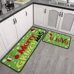 Faptoena Merry Grinchmas Christmas Kitchen Rugs and Mats Set of 2,Christmas Kitchen Decoration,Non Slip Absorbent Kitchen Mat Waterproof Runner Rug for Laundry Room and Sink