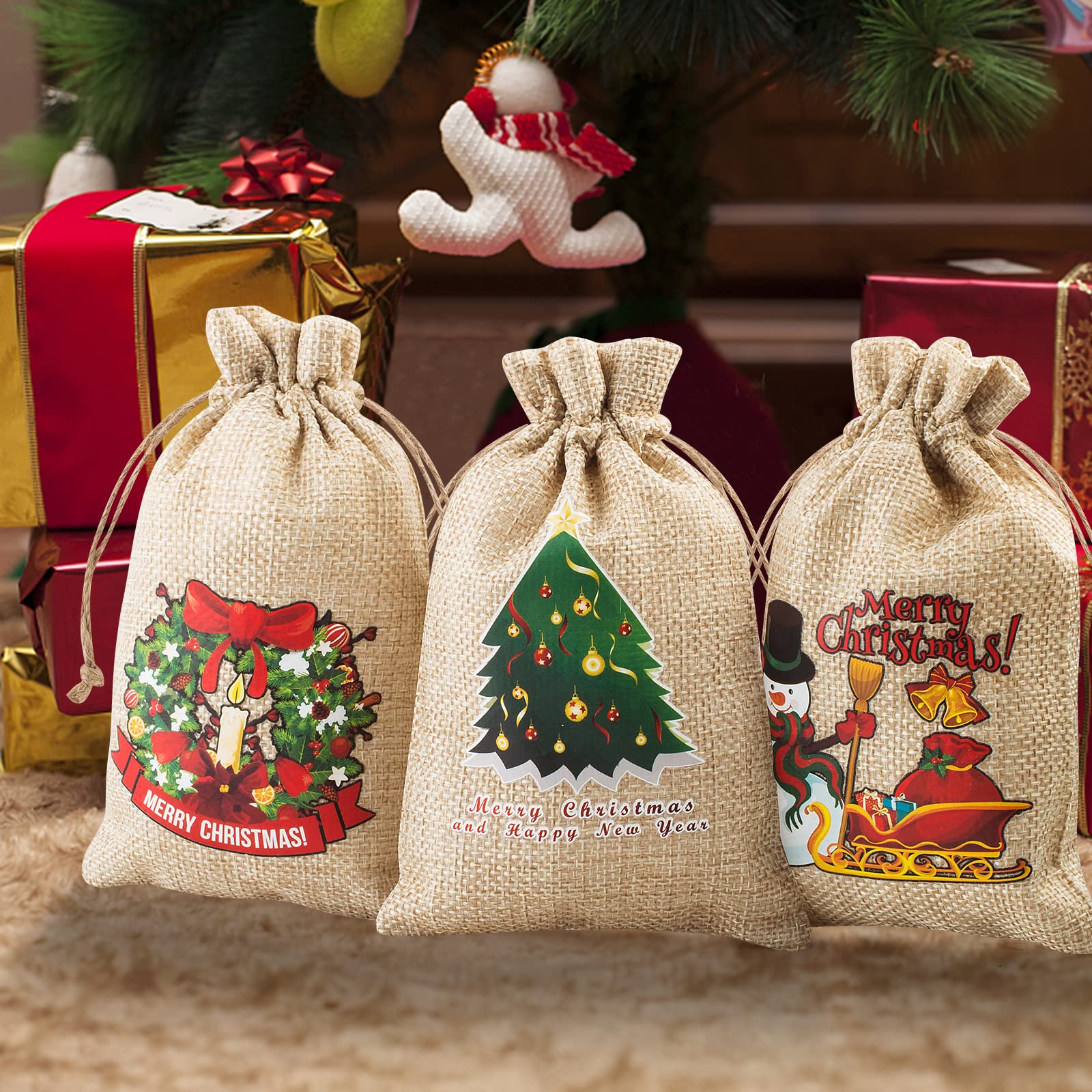 FloraSea 24 Pieces Christmas Burlap Gift Bags, Small Christmas Gift Bags, Christmas Burlap Treat Bags with Drawstrings(4x6 inches, 8 Designs Styles)