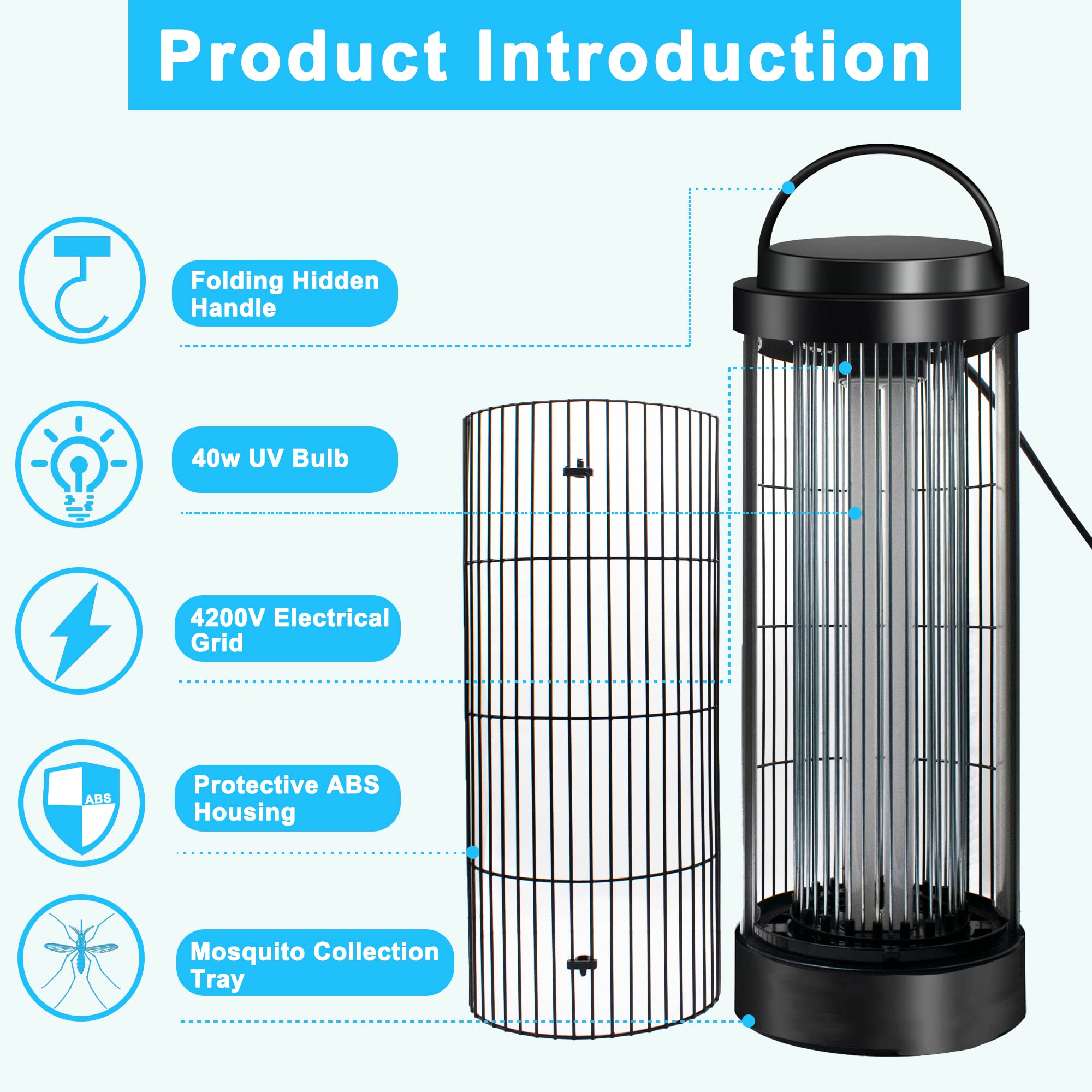 40W Electric Bug Zapper for Indoor Outdoor, Mosquito Zappers Killer Power Grid Fly Killer, Insect Fly Traps Electric Shock Bug Catcher Mosquito Light Bulb for Backyard, Patio