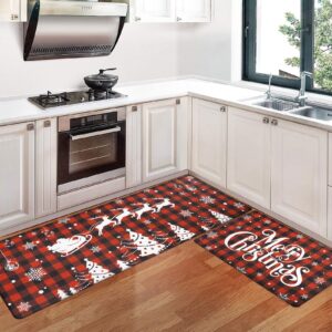 Bsmathom Christmas Anti Fatigue Kitchen Mat Set of 2, Waterproof Non-Slip Kitchen Mats and Rugs, Cushioned Buffalo Plaid Kitchen Rugs Comfort Floor Mat for Kitchen, Floor,Office, Sink, Laundry