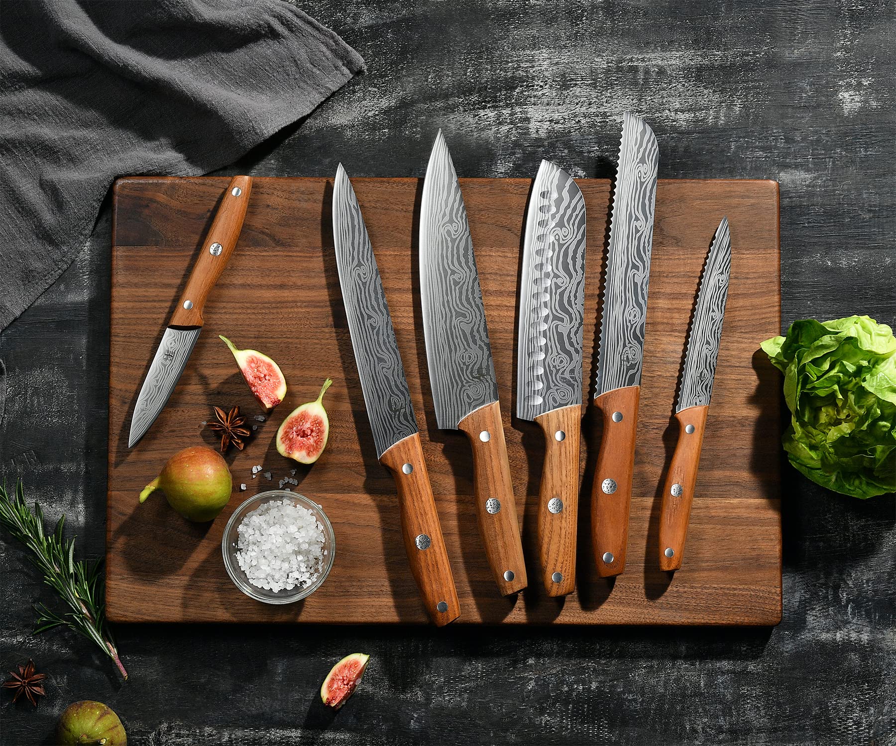 Knife Set, 7 Pieces Knife Block Set, EUNA Kitchen Knife Set with Wooden Handle, Japanese Stainless Steel Chef Knife Set Professional Cooking Knives, Silver