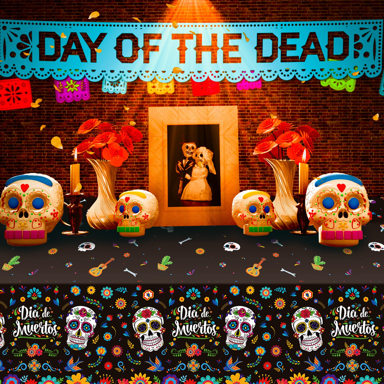 3 Pack Day of The Dead Party Tablecloth Decorations, Dia De Los Muertos Decor, Plastic Mexican Sugar Skull Floral Table Cover Backdrop for Halloween Mexican Fiesta Birthday Party Supplies, 54x108 Inch