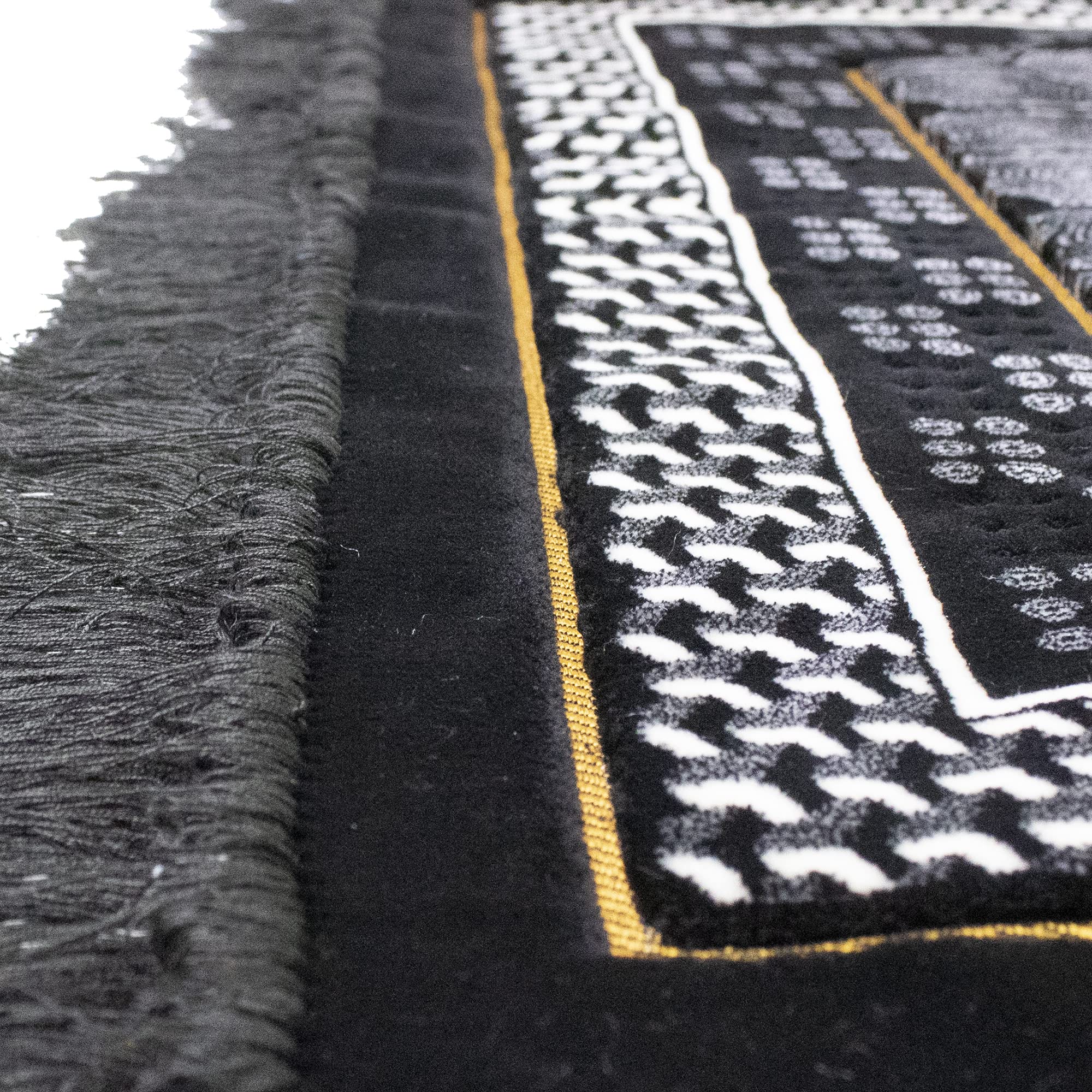 Modefa Turkish Islamic Velvet Prayer Rug - Thick Wide Soft Praying Carpet for Men & Women - Double Plush Large Janamaz - Eid & Ramadan Gift - with Kufi Beads & Car Hanger - Geometric Noor - Black