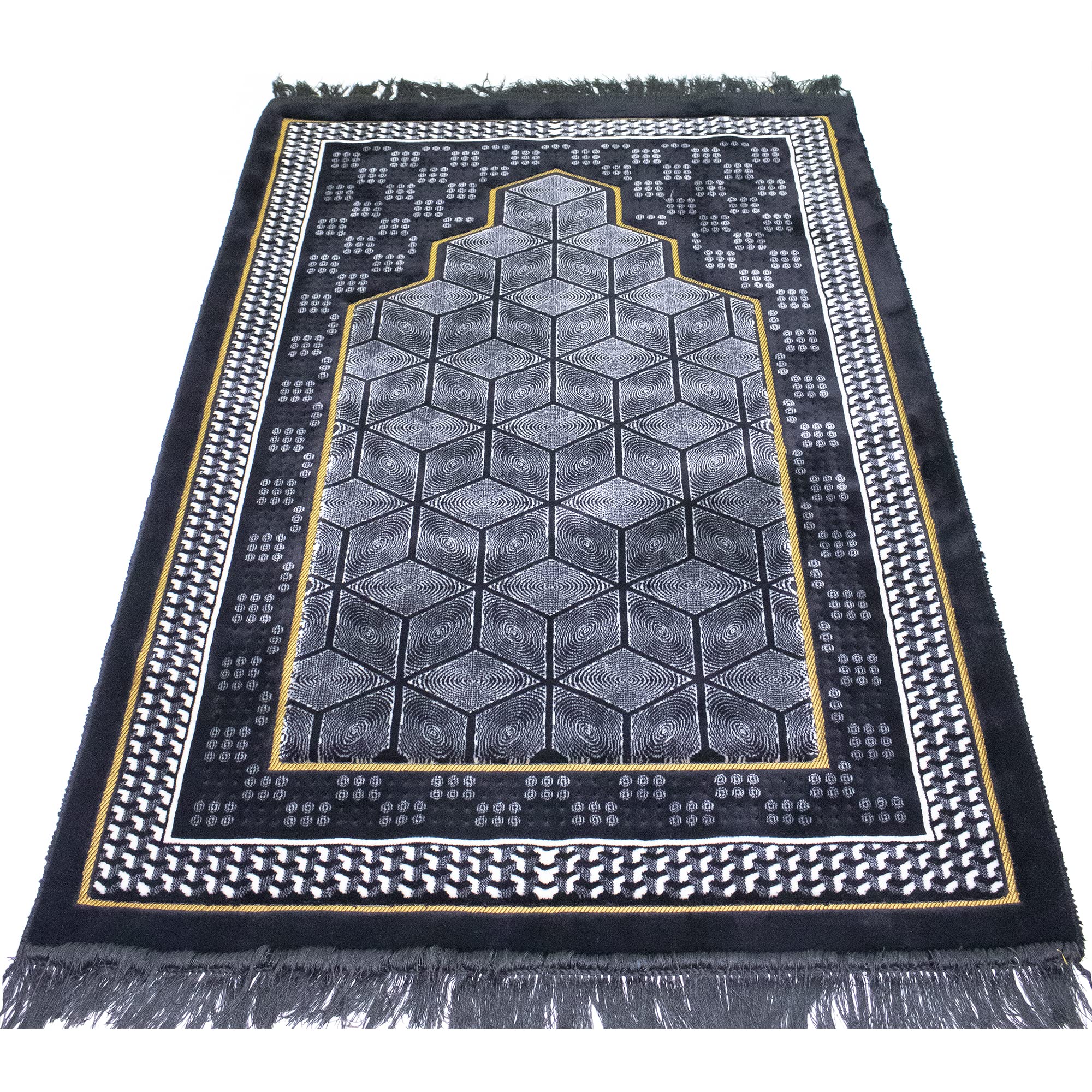 Modefa Turkish Islamic Velvet Prayer Rug - Thick Wide Soft Praying Carpet for Men & Women - Double Plush Large Janamaz - Eid & Ramadan Gift - with Kufi Beads & Car Hanger - Geometric Noor - Black