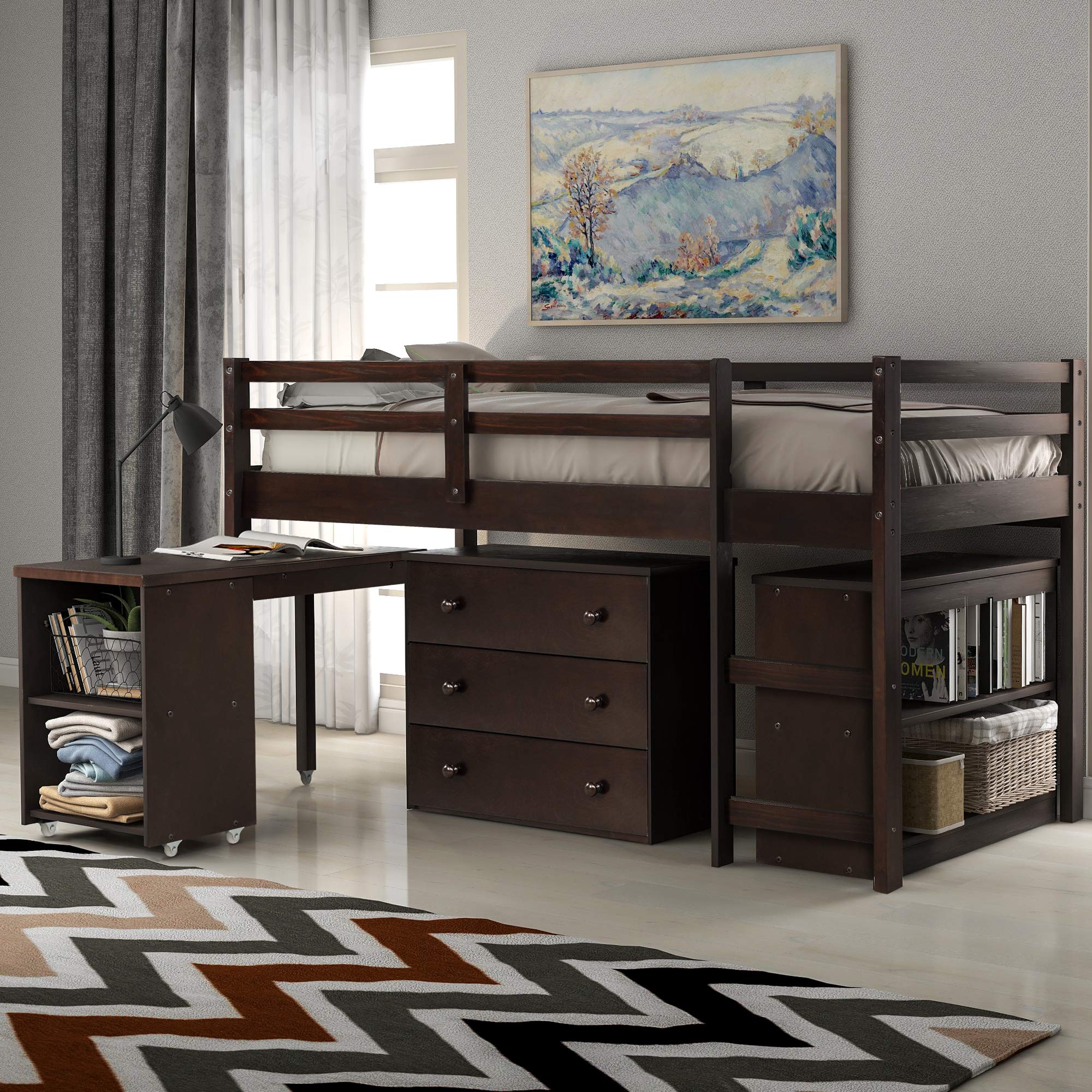 CITYLIGHT Twin Size Loft Bed with Desk, Low Study Twin Loft Bed Frame, with Cabinet and Rolling Portable Desk, Low Twin Loft Bed for Kids and Teens (Espresso)