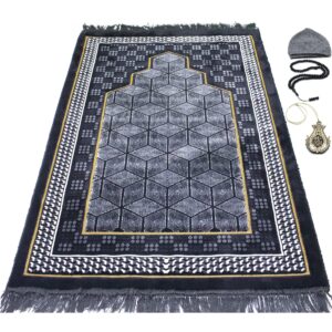 modefa turkish islamic velvet prayer rug - thick wide soft praying carpet for men & women - double plush large janamaz - eid & ramadan gift - with kufi beads & car hanger - geometric noor - black