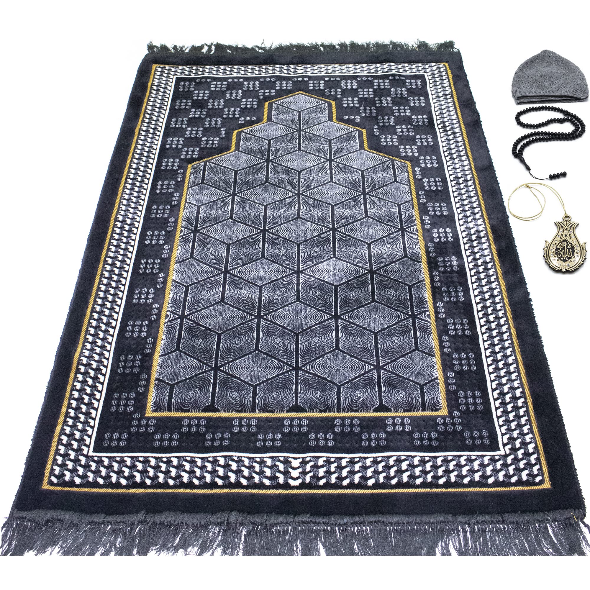 Modefa Turkish Islamic Velvet Prayer Rug - Thick Wide Soft Praying Carpet for Men & Women - Double Plush Large Janamaz - Eid & Ramadan Gift - with Kufi Beads & Car Hanger - Geometric Noor - Black