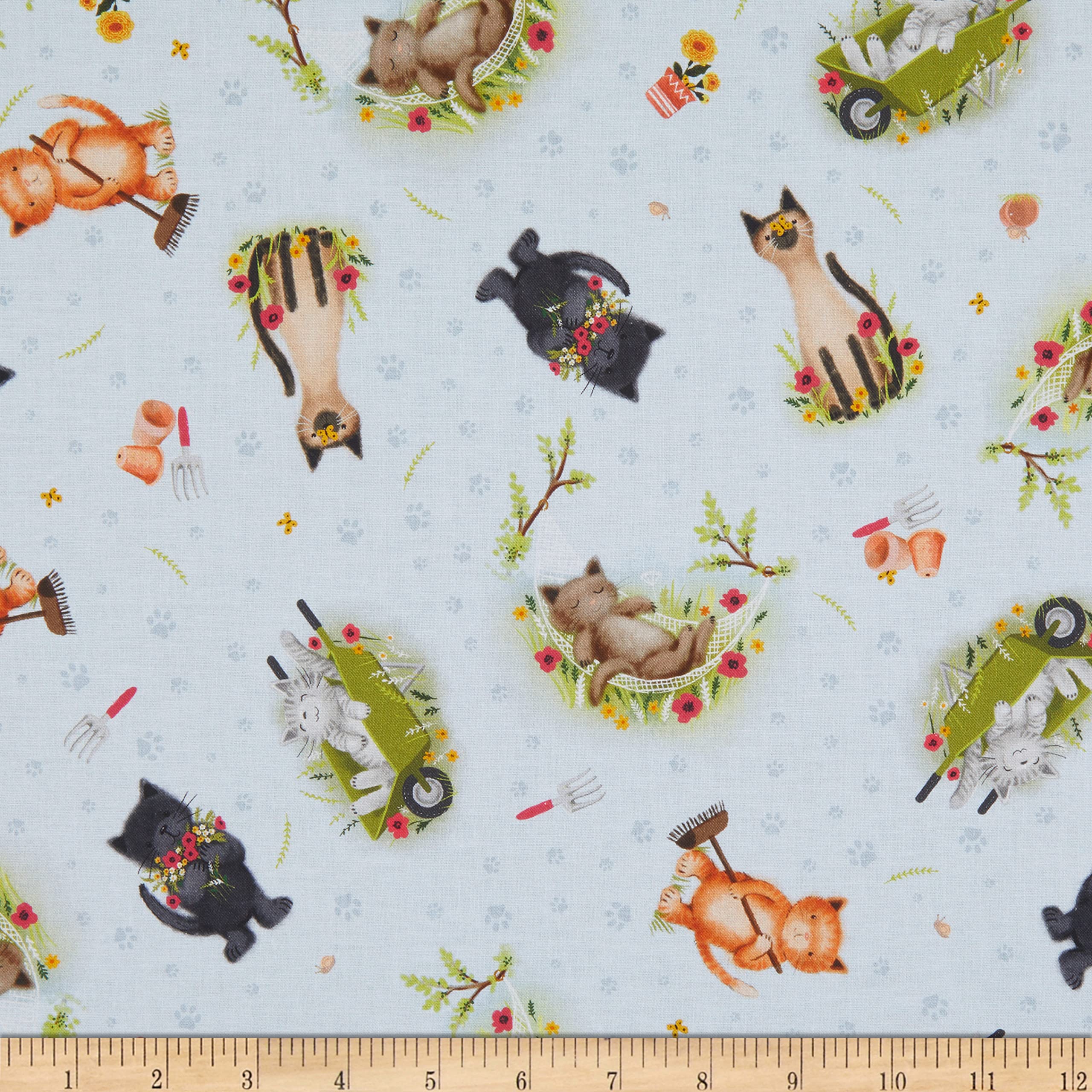 Timeless Treasures Digital Catnip Garden Pretty Cats in Garden Sky, Fabric by The Yard