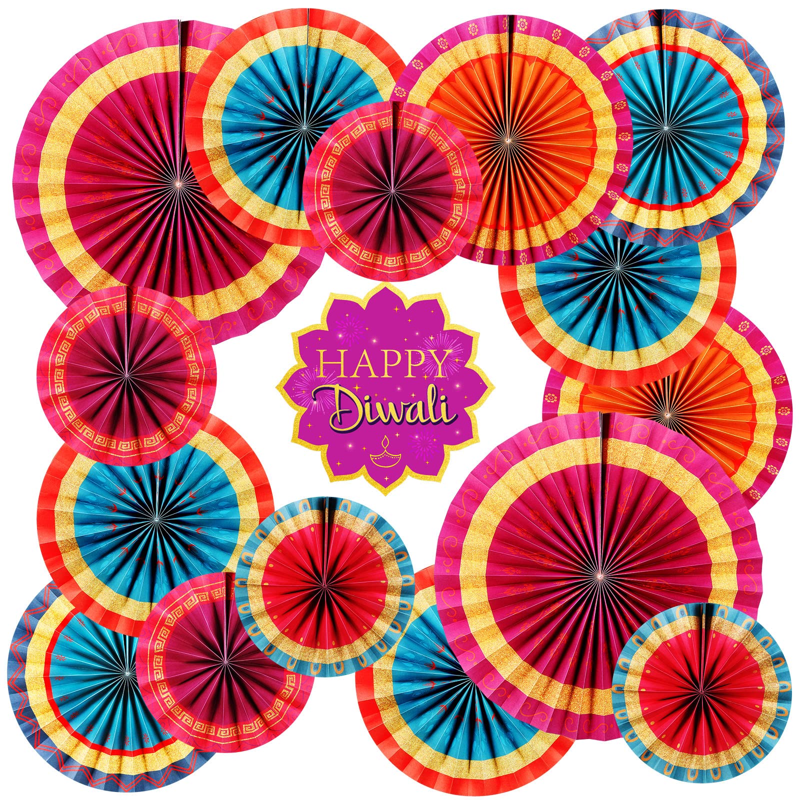 Hanaive 17 Pieces Happy Diwali Hanging Paper Fan Decorating Deepavali Themed Round Pattern Paper Garlands Set Indian Diwali Party Decoration for Indoor Decorations Hindu Diwali Greeting Party Supplies