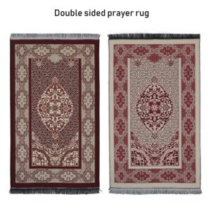 SAQENZA Muslim Prayer Rug Double Sided - Prayer Mat 3 Pieces Set - Gift Kufi Hat - Gift Prayer Beads (99) - Muslim Gifts for Men, Women and Kids